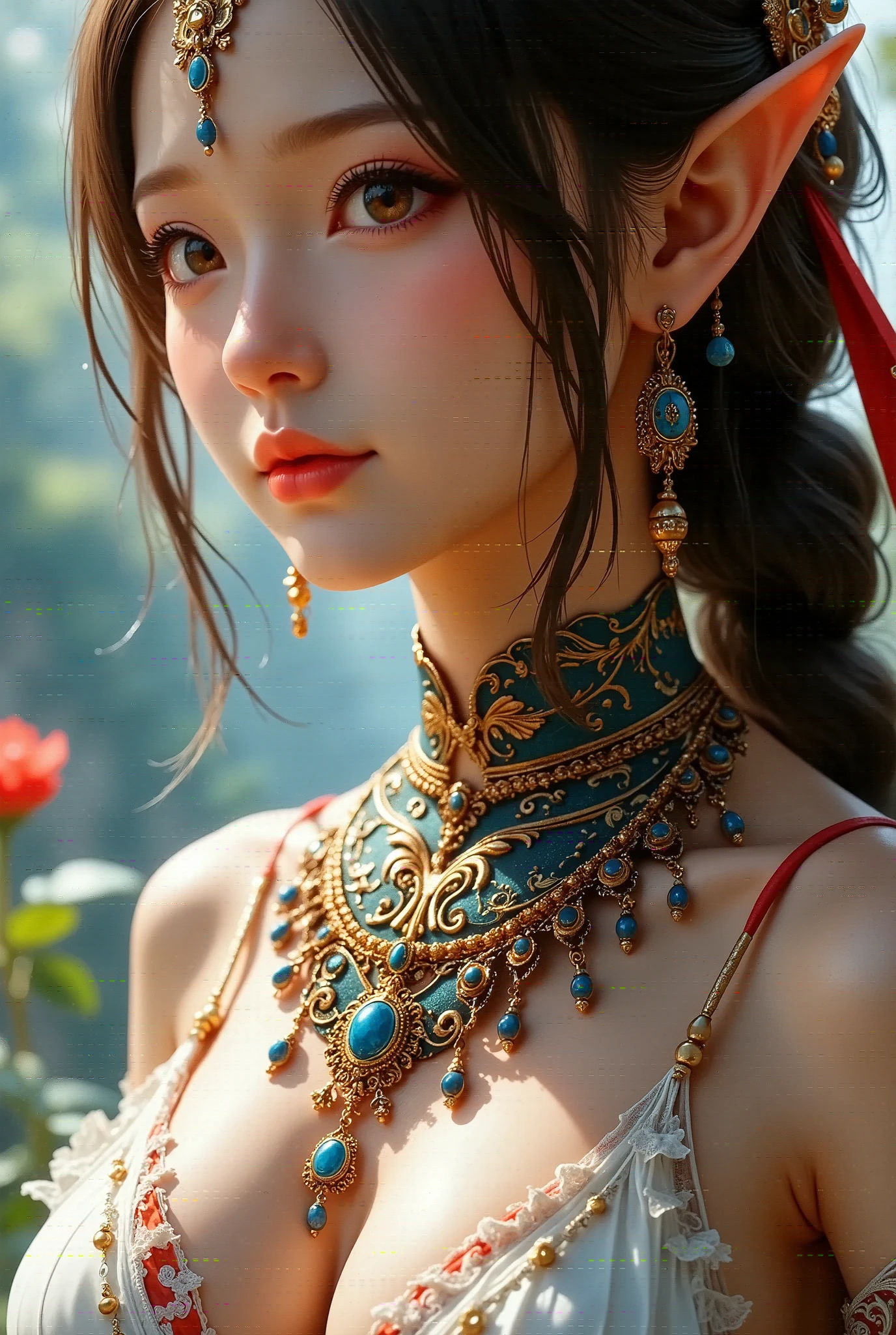  girl,  Long Blade, Tibetan Girl , close-up, Slightly elevated head, smile, Bust photo,  upper body, Yang's Transcendence in Appearance ,  gorgeous Tibetan costume ,  Heavy and Hard to Handle Tibetan Necklaces, Cumbersome Tibetan headdress,  Fluff on Clothes , Full of white animals,  real person CG , Sweet Style, Movie Style, HD 4k