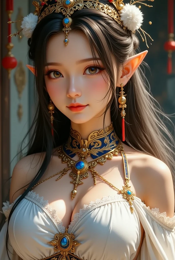  girl,  Long Blade, Tibetan Girl , close-up, Slightly elevated head, smile, Bust photo,  upper body, Yang's Transcendence in Appearance ,  gorgeous Tibetan costume ,  Heavy and Hard to Handle Tibetan Necklaces, Cumbersome Tibetan headdress,  Fluff on Clothes , Full of white animals,  real person CG , Sweet Style, Movie Style, HD 4k