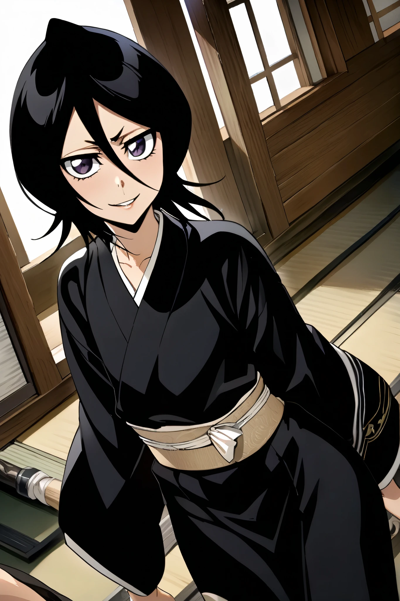 NSFW,masterpiece, top quality , high definition , very detailed, Kuchiki Rukia \(BLEACH\), short hair, black hair、 hair between eyes, kimono、 white ribbon 、Wide sleeves、kimono、黒いkimono,Japanese-style house,smile