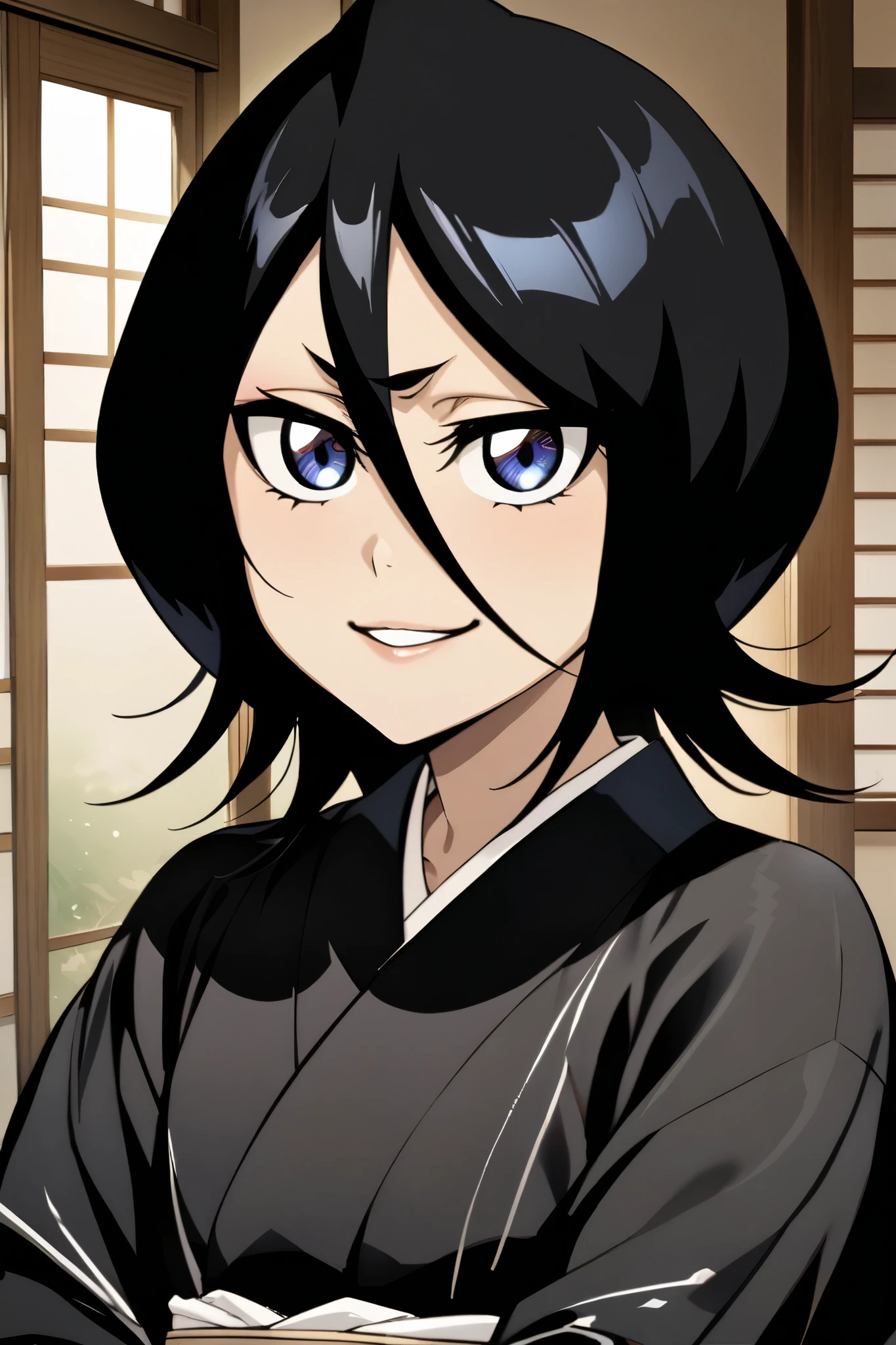 NSFW,masterpiece, top quality , high definition , very detailed, Kuchiki Rukia \(BLEACH\), short hair, black hair、 hair between eyes, kimono、 white ribbon 、Wide sleeves、kimono、黒いkimono,Japanese-style house,smile