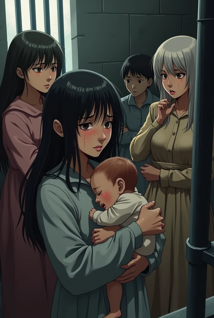 dark scene, long shot, a group of pregnant women sitting in a dirty floor, they are chained to dirty dark walls, dark and gross room, horror scene, darkness, terrific, bloody, dirty, dark mood
