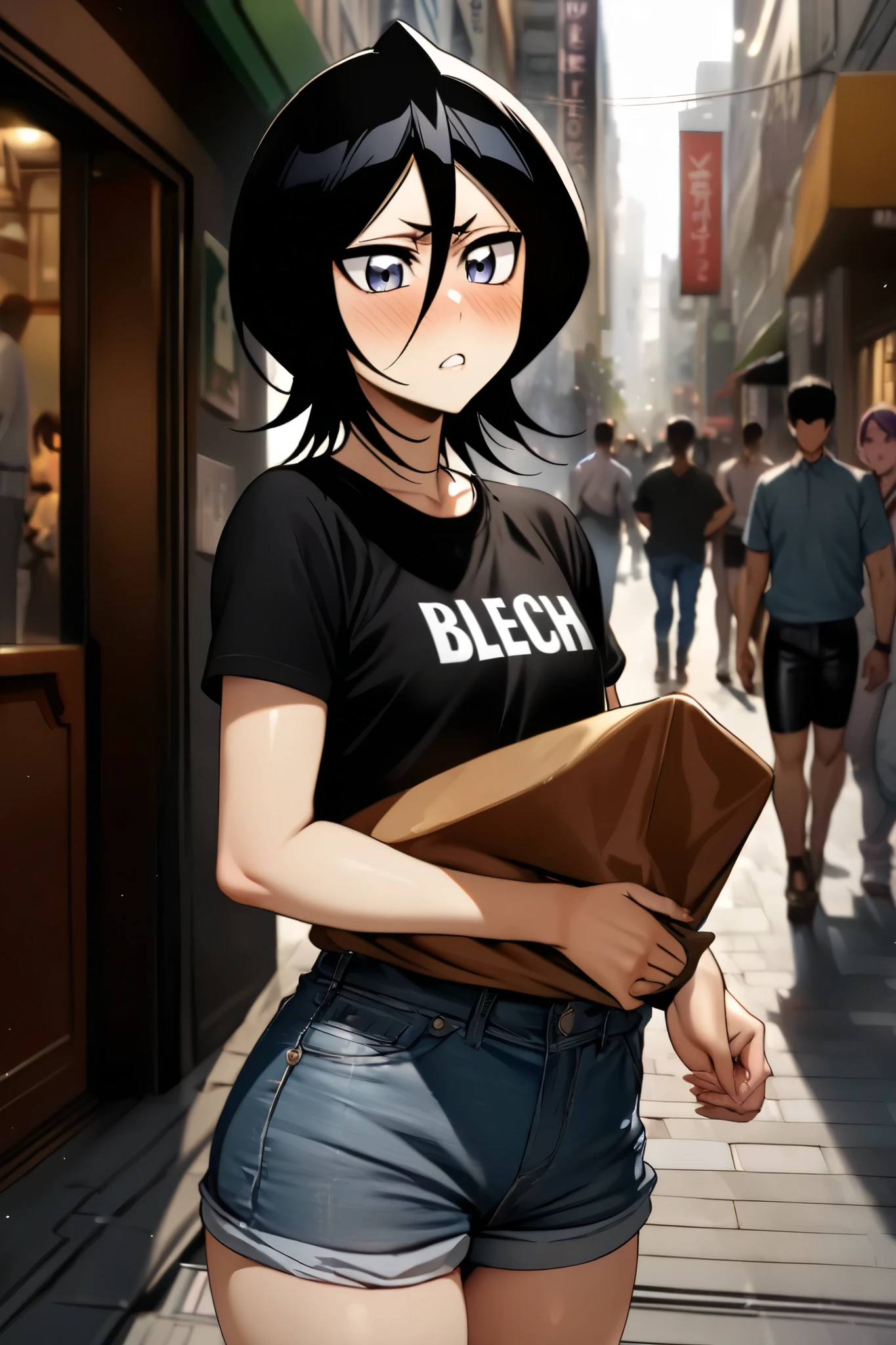 NSFW,masterpiece, top quality , high definition , very detailed, Kuchiki Rukia \(BLEACH\), short hair, black hair、 hair between eyes, Casual , Denim Shorts,bustling street,blush