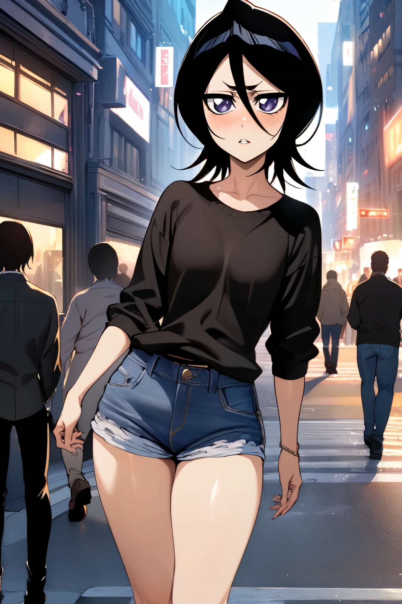 NSFW,masterpiece, top quality , high definition , very detailed, Kuchiki Rukia \(BLEACH\), short hair, black hair、 hair between eyes, Casual , Denim Shorts,bustling street,blush