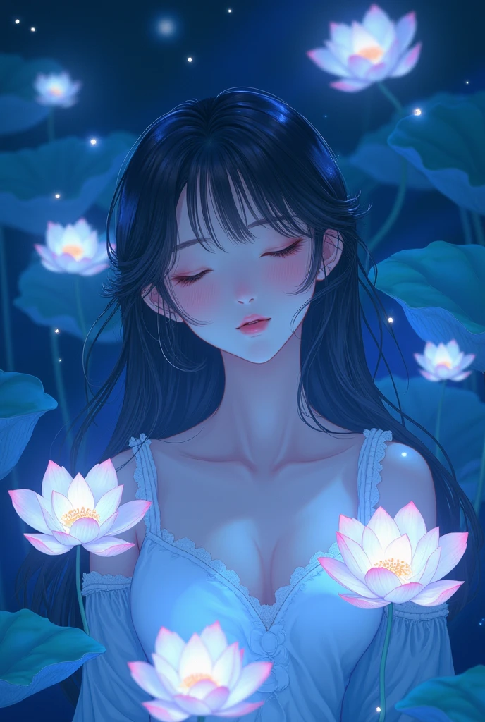 Her delicate appearance in the anime is a work of art, Eyelids closed, Body facing this way, The blue night enveloped her,  Every line and curve is engraved with fine detail. This woman is an exquisite drawing of light and shadow, color, Body Glow, Surrounded by beautiful lotus flowers, flash, Fluorescent particles, Backlight,   8K,  anime style , 
