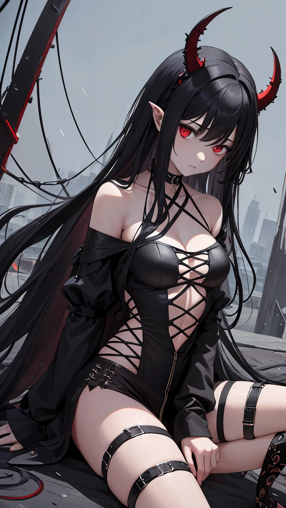 (masterpiece), (best quality), (4k resolution), (anatomy; perfect), 1 adult goth girl, fair skin, red eyes, (big black hair), (locks, bangs), loose hair, (effects highlights in hair), eyebrow, nose, ear, tight mouth, smile, (gothic clothing style), gothic clothing, ((without any cape on the back)), (big chest), (perfect belly), (perfect waist) , thigh thick legs, standing, background scenery, in the park, beautiful day, lighting, looking at viewer