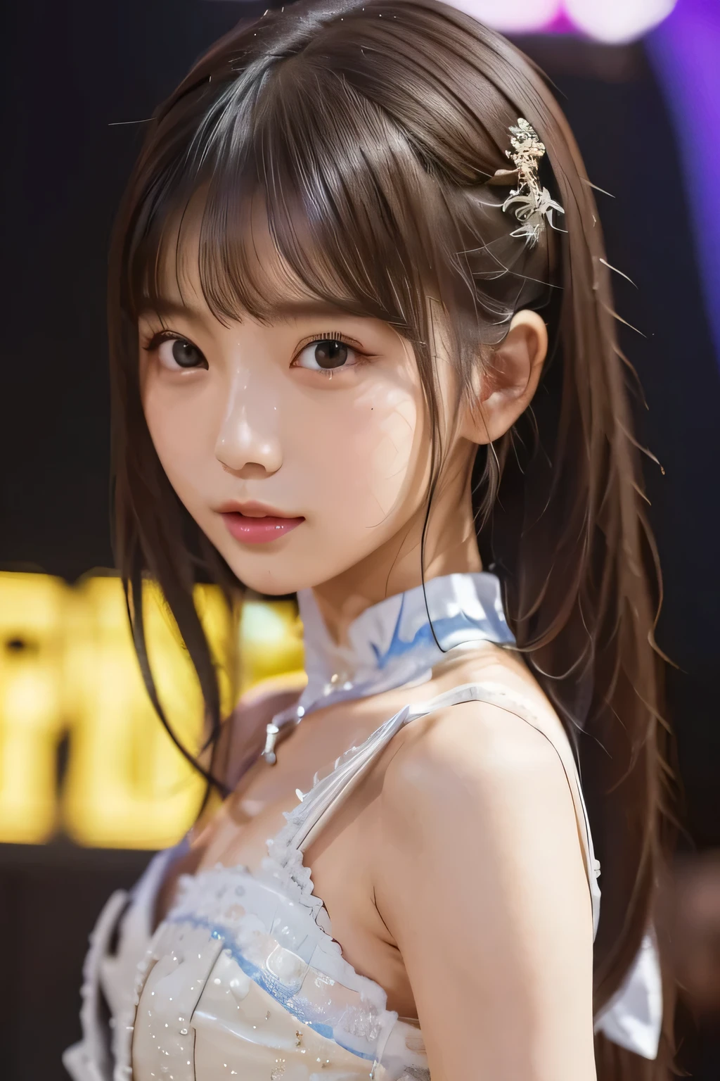 ( emphasis composition with foreground and background)、、(masterpiece、 top quality 、 Super detailed description、 super high res)、(Face Shot:1.3)、 girl、solo、 slim、 Slender 、cute、 idol face、、Stage Background、(( idol costume ))、