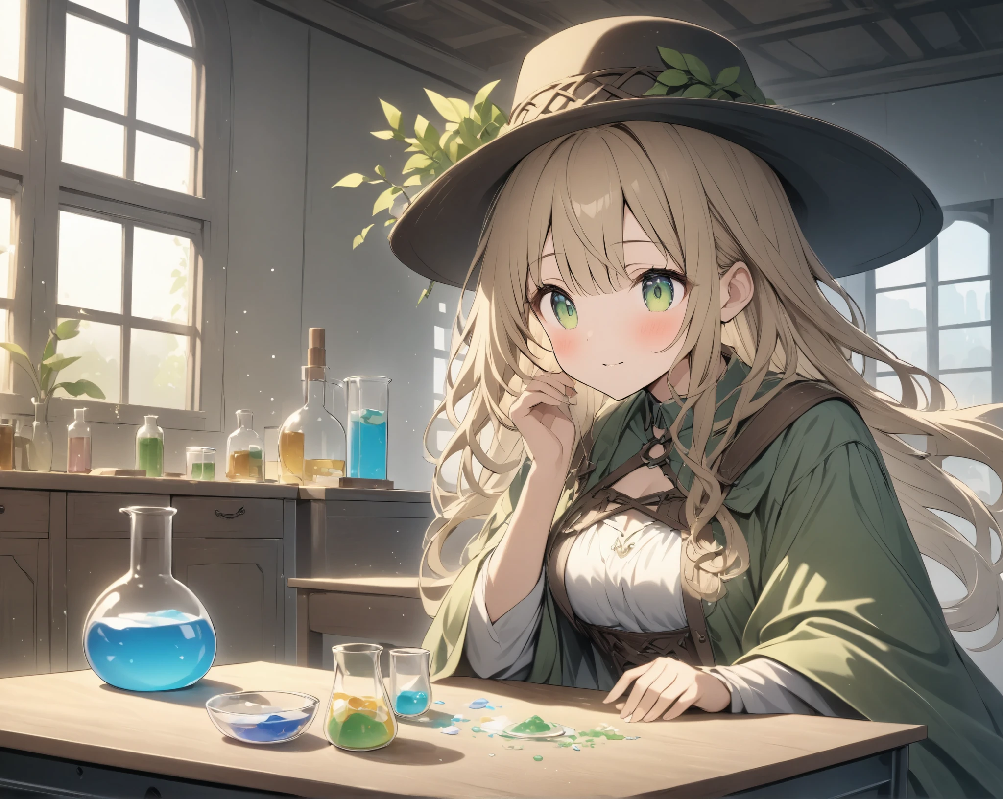  Alchemist Girl 、Alchemist's Hat 、Alchemist Outfit、 depiction of mixing medicine in a beaker 、desk and table、Window in a room where the sun shines 、 a work that seems to suit Celtic music