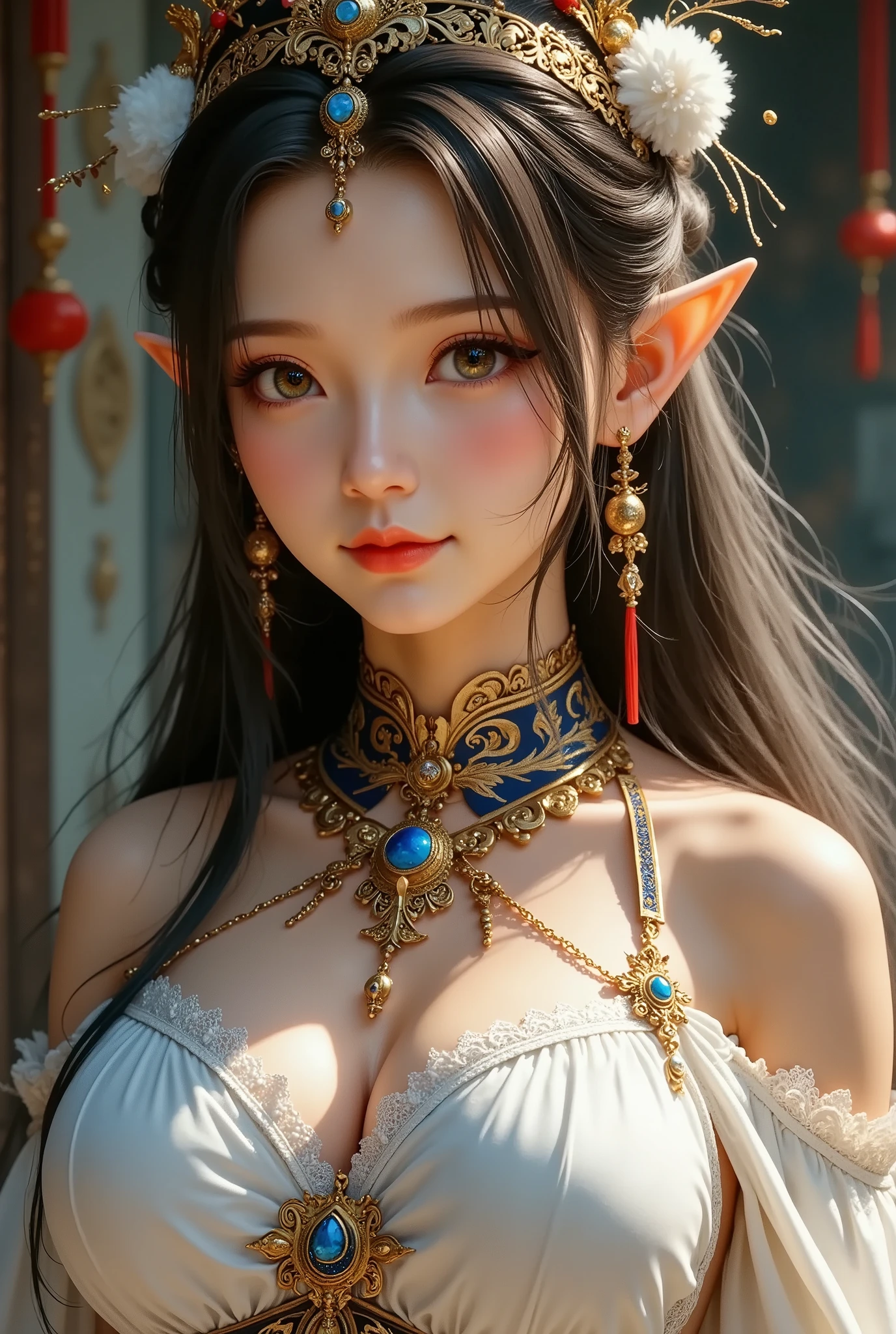  girl,  Long Blade, Tibetan Girl , close-up, Slightly elevated head, smile, Bust photo,  upper body, Yang's Transcendence in Appearance ,  gorgeous Tibetan costume ,  Heavy and Hard to Handle Tibetan Necklaces, Cumbersome Tibetan headdress,  Fluff on Clothes , Full of white animals,  real person CG , Sweet Style, Movie Style, HD 4k