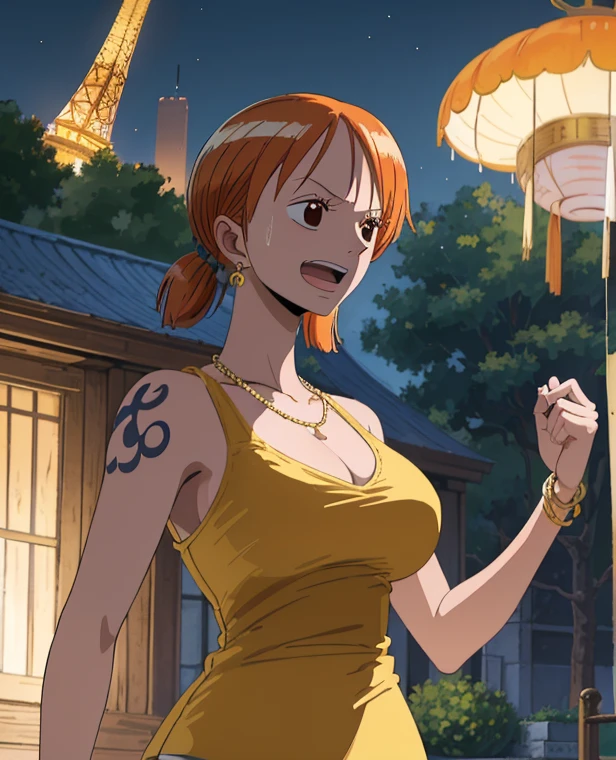  ( top quality , 4K, 8k,  high definition , masterpiece:1.2),  super detailed , ( realistic , photo realistic , photo- realistic :1.37) , Official Art , drawn in anime style , Nami in One Piece,Beautiful pale orange hair,Chignon, braids, Dominant Smile ,smile,Left shoulder tattoo, necklace, Big Breasts , white dress,(run),sweat,Around town, orange street lamp,(night), Eiffel Tower, Beautiful Starry Sky,moon,アートスタイルはCharmingなアニメスタイルに似ている.  rendering. For enhanced visual effect, Add HDR, 超 high definition ,  Studio Lighting , Fine painting,  sharp concentration, 物理ベース rendering,  detailed description ,  Professional ,  bright colors , ボケはなく安定拡散 Professional ンプトを、Please enter as is, Generate realistic anime style for Nami in One Piece ,((( top quality ))), (( super detailed )),((masterpiece:1.5)),  detailed pictures, ( top quality : 1.4), ( One Girl ) , beautiful skin, Charming, 超 high definition ,  high image quality, (Sexually excited:1.5), Cinematic Lighting:1.7, Sunshine Spot:1.3,shadow spot 1 .2,Perfect means, Perfect Limbs ,Perfect means