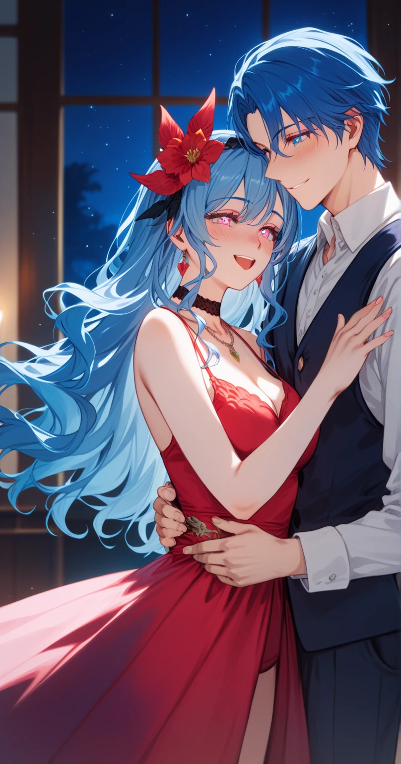 romancing saga 2, long hair, pink eyes, blue hair, (wavy hair:0.5), hair ornament, black hairband,
choker, necklace, (evening dress)
BREAK
25 year old woman、medium breasts, largish eyes ,oval face, mature female、Moist eyes、Gentle eyes、Gentle look, smile,blush
BREAK
high definition , masterpiece,  anatomically correct ,  very detailed,  High Quality 
BREAK
Dienamic sexy pose, cowboy shot,(party at night:1.3)
BREAK
1 boy, Men stand behind women, The man is touching the woman's waist from behind