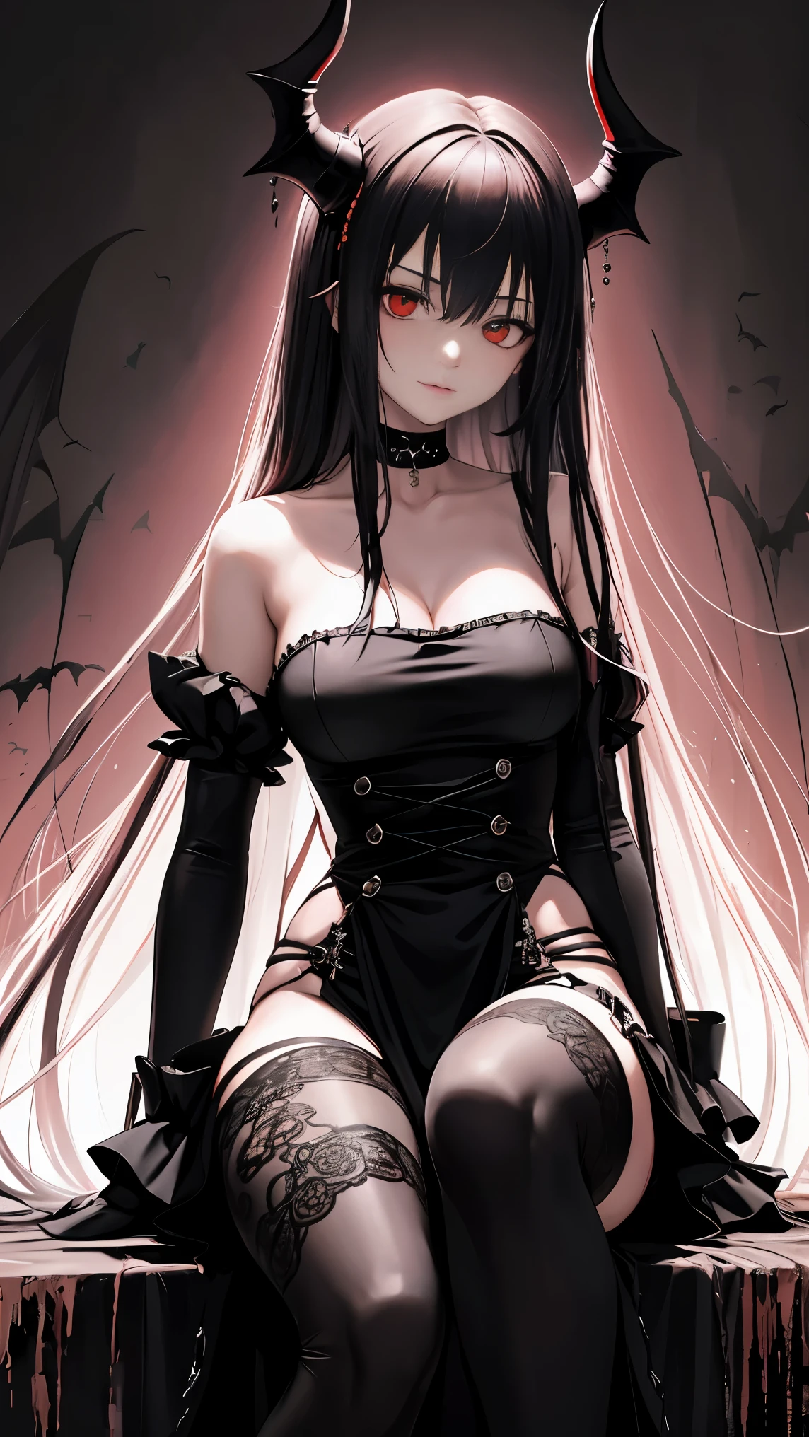 a cute succubus girl, detailed beautiful blue eyes, detailed beautiful lips, long eyelashes, gothic victorian dress, pale skin, horns, bat wings, detailed intricate lace patterns, dark fantasy, moody dramatic lighting, deep intense colors, cinematic, 8k, ultra-detailed, masterpiece, photorealistic