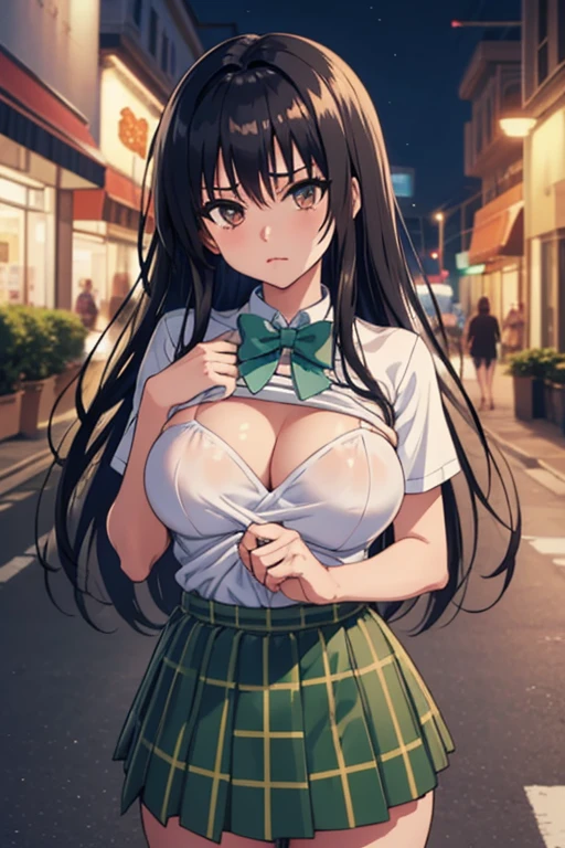 (((shirt lift)))),masterpiece,  top quality , defYui,  white shirt, Short sleeve,  green bow tie,   plaid miniskirt to make up for embarrassment,  Big Breasts ,  outdoors on the street at night, cityscape,  blue sky, Irritation,  Watch viewers,  cowboy shot,  head tilt 