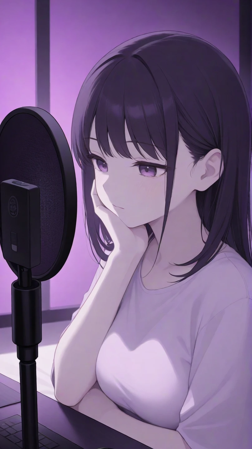 1 woman,  sitting, The microphone is holding its face close to the pop filter, Condenser Mike ,  with the tip of the ,  Beautiful Woman with a Cool Impressions ,  Mysterious purple atmosphere where only the upper body comes out , Holding the face close to the , masterpiece,  best quality,  uncensored ,  white skin,  dark atmosphere , Expressionless, Adult female