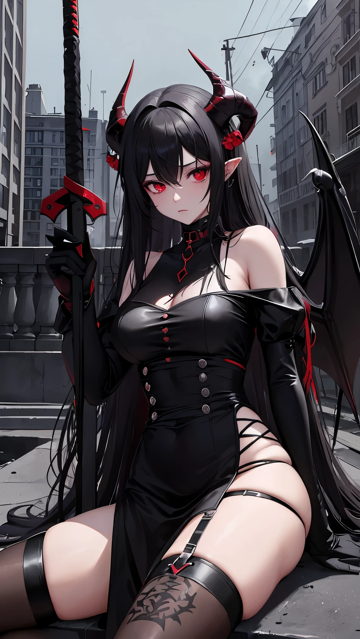 (8K、high-level image quality、masuter piece))1 girl、A dark-haired、twintails、demonic horns、Red Eyes、Fangs are visible、evil smile、long ears、piercings、tiny chest、Black Bikini、Black jacket、pluma、Leather shoes、squatting、View here、On the roof of a high-rise building、Night city