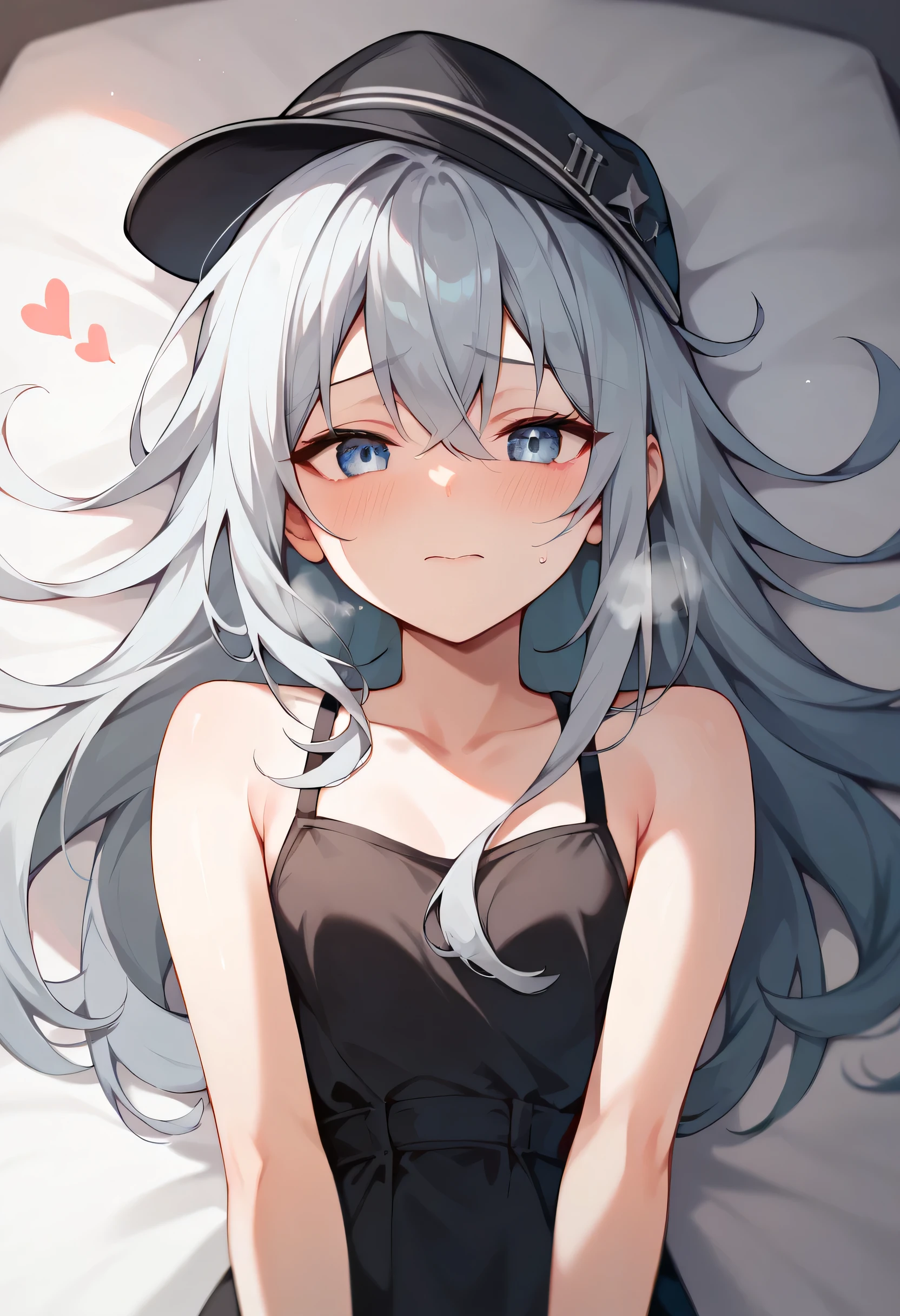 (masterpiece), highly detailed, best quality, 1girl, NSFW, small breasts, hibikikc, long hair, grey hair, blue eyes, 1girl, solo, long hair, pov, lying on bed, black hat, steam, embarrassed, heart,