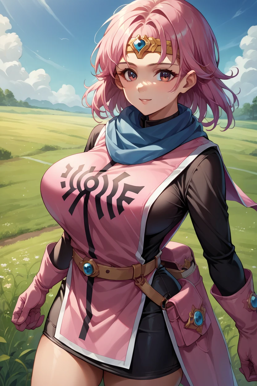 score_9, score_8_up, score_7_up, score_6_up, source_anime, BREAK 1girl, solo  priMaam, pink hair, medium hair, blue scarf, circlet, short dress, pink tabard, black sleeves, belt, gloves, big breasts, blue sky, field, looking at you, happy