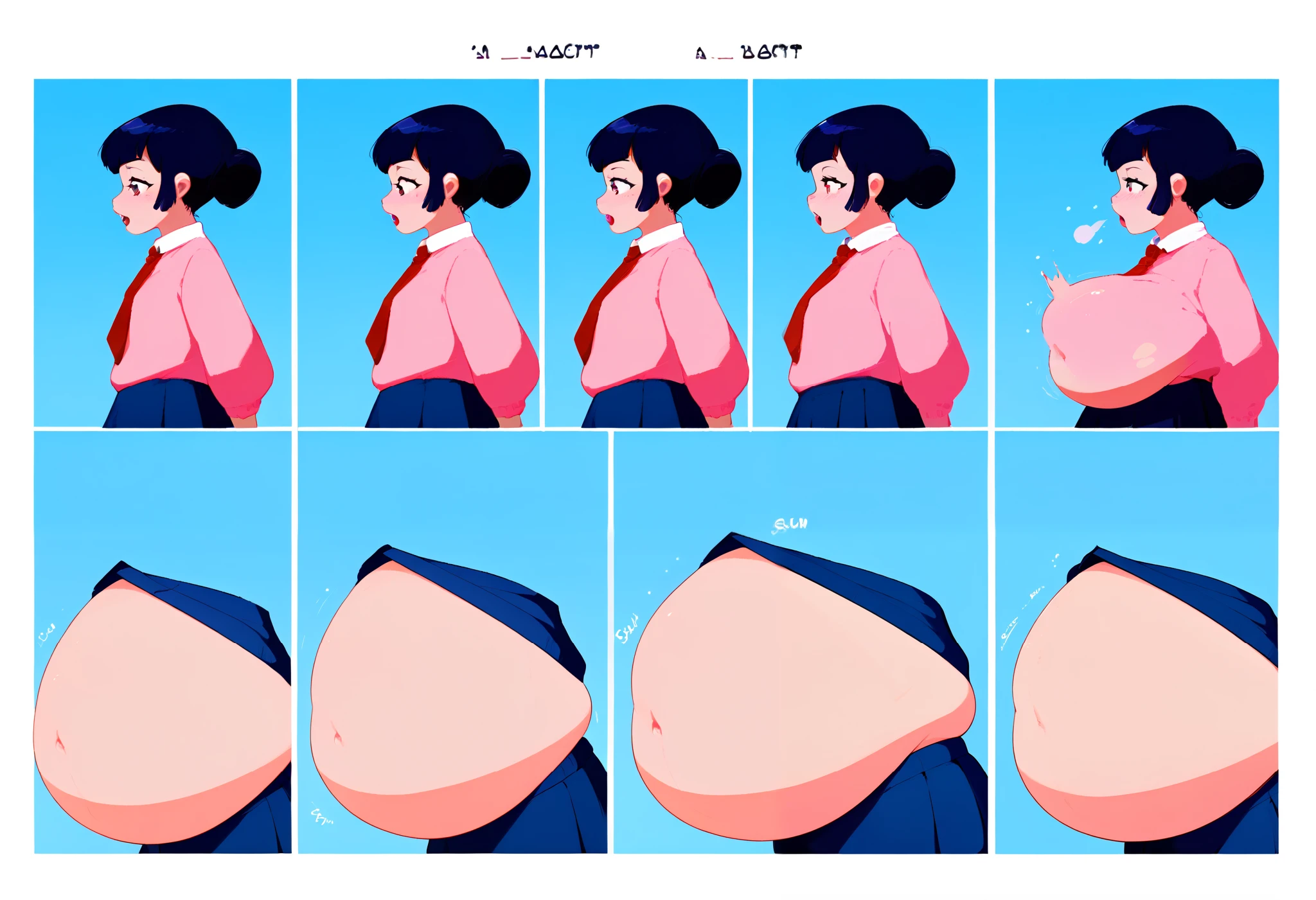 score_9, score_8_up, score_7_up, 
1girl, , indoors, bedroom,
black hair, hair bun, huge breasts,
standing, (silly and funny emotions), from the side, street background, (nostalgic emotions)
school uniform, necktie, sweater, pleated skirt, (9inflation comic sequence, inflation,skinny to bloated, before and after, sequential expansion, weight gain)
