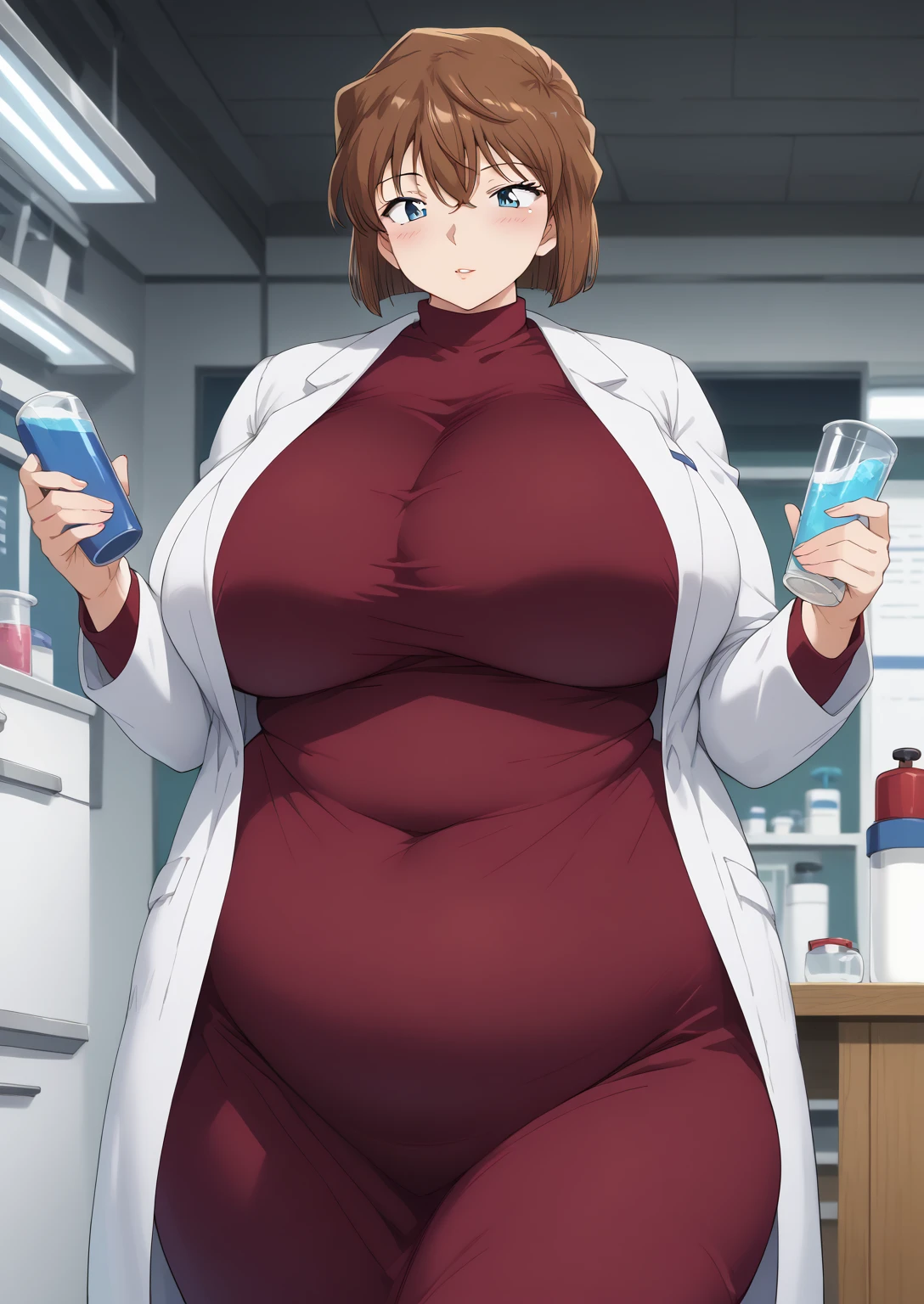 Shiho Miyano, Miyano Shiho, short hair,Brown Hair, blue eyes,hair between eyes,lab coat, Mulberry dress, long sleeve dress, mini skirt dress, score_9,   score_8_ up,   score_7_ up,   score_6_ up,   score_5_ up,   score_4_ up,     masterpiece   ,   top quality,     very aesthetic  ,    absurd,    source_Anime, Anime screencap,    one woman , Alone,   personal   ,  Super huge breasts, (((S uper huge クレビス, Super huge , Super huge boob))), Curvy,   in her 20s,  Mature Woman,   obese , ,  troubled expression,  