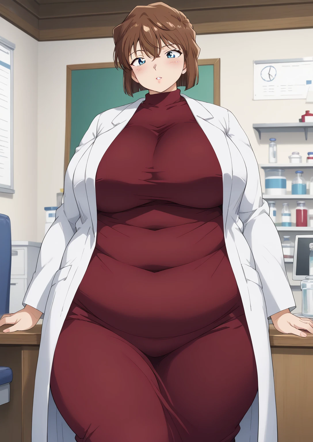 Shiho Miyano, Miyano Shiho, short hair,Brown Hair, blue eyes,hair between eyes,lab coat, Mulberry dress, long sleeve dress, mini skirt dress, score_9,   score_8_ up,   score_7_ up,   score_6_ up,   score_5_ up,   score_4_ up,     masterpiece   ,   top quality,     very aesthetic  ,    absurd,    source_Anime, Anime screencap,    one woman , Alone,   personal   ,  Super huge breasts, (((S uper huge クレビス, Super huge , Super huge boob))), Curvy,   in her 20s,  Mature Woman,   obese , ,  troubled expression,  