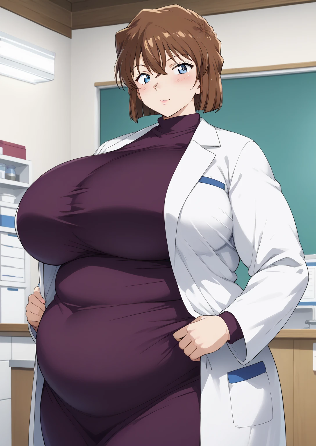 Shiho Miyano, Miyano Shiho, short hair,Brown Hair, blue eyes,hair between eyes,lab coat, Mulberry dress, long sleeve dress, mini skirt dress, score_9,   score_8_ up,   score_7_ up,   score_6_ up,   score_5_ up,   score_4_ up,     masterpiece   ,   top quality,     very aesthetic  ,    absurd,    source_Anime, Anime screencap,    one woman , Alone,   personal   ,  Super huge breasts, (((S uper huge クレビス, Super huge , Super huge boob))), Curvy,   in her 20s,  Mature Woman,   obese , ,  troubled expression,  