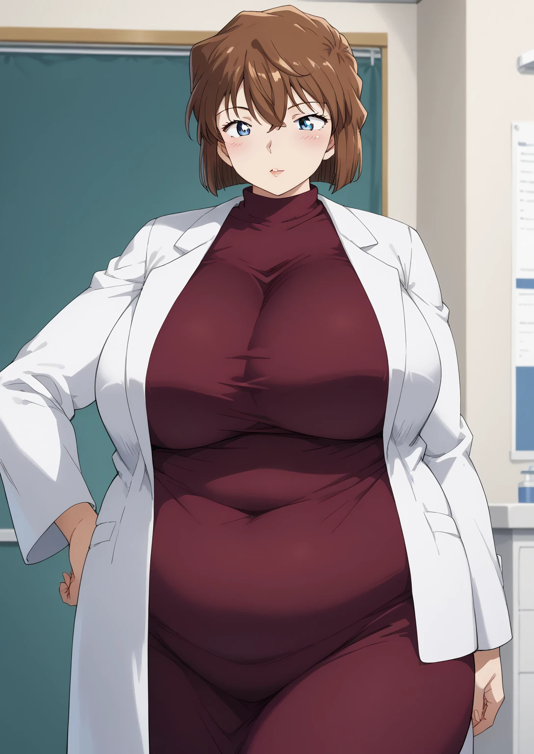 Shiho Miyano, Miyano Shiho, short hair,Brown Hair, blue eyes,hair between eyes,lab coat, Mulberry dress, long sleeve dress, mini skirt dress, score_9,   score_8_ up,   score_7_ up,   score_6_ up,   score_5_ up,   score_4_ up,     masterpiece   ,   top quality,     very aesthetic  ,    absurd,    source_Anime, Anime screencap,    one woman , Alone,   personal   ,  Super huge breasts, (((S uper huge クレビス, Super huge , Super huge boob))), Curvy,   in her 20s,  Mature Woman,   obese , ,  troubled expression,  