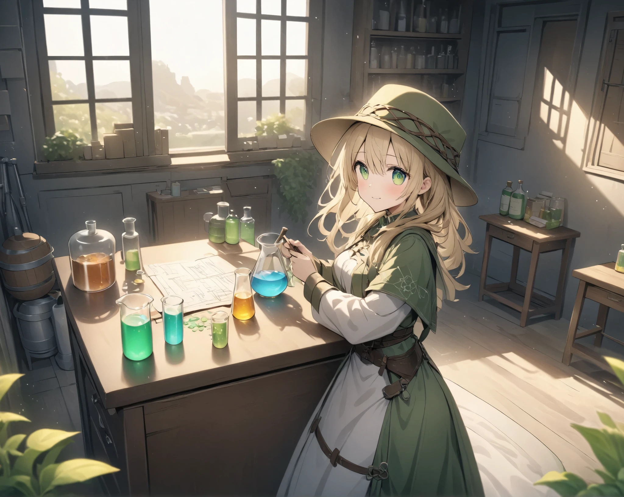  Alchemist Girl 、Alchemist's Hat 、Alchemist Outfit、 depiction of mixing medicine in a beaker 、desk and table、Window in a room where the sun shines 、 a work that seems to suit Celtic music