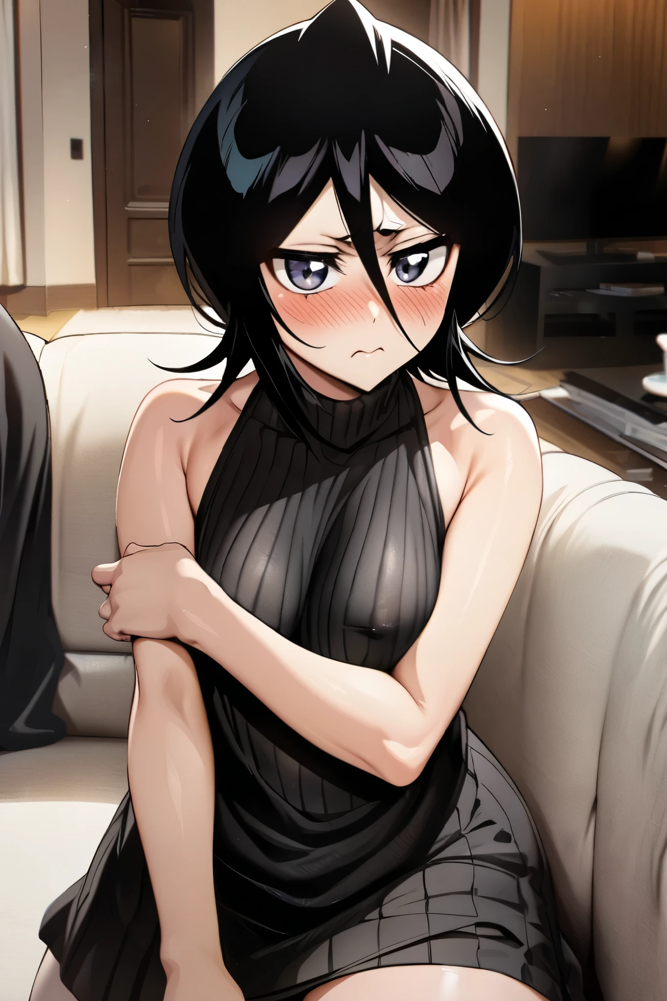 NSFW,masterpiece, top quality , high definition , very detailed, Kuchiki Rukia \(BLEACH\), short hair, black hair、 hair between eyes, Turtleneck Sweaters , sleeveless,Married Woman, living room,Sofa,Embarrassed,blush