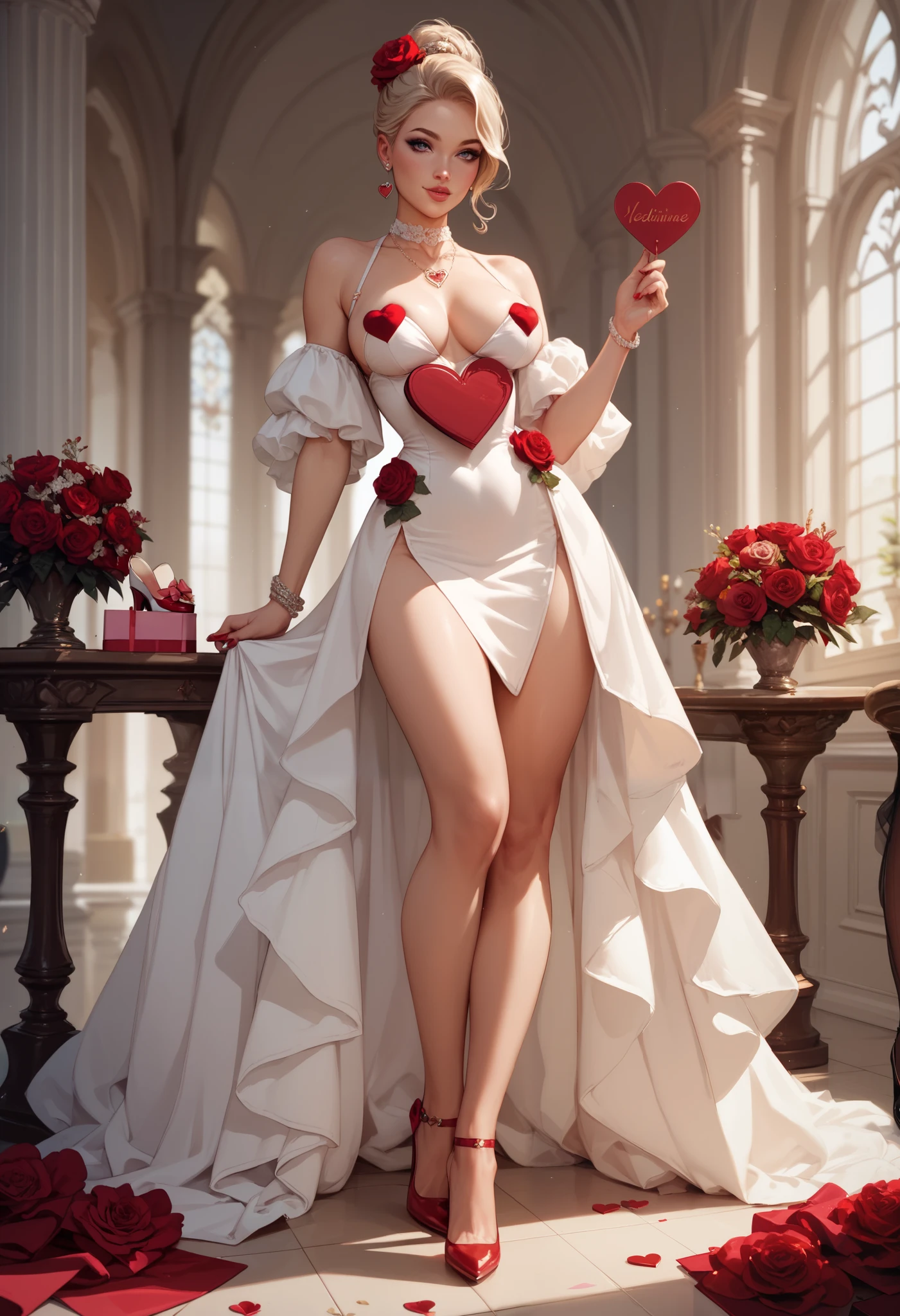Beautiful Busty, Curvy, Petite, Slender Woman Wearing Valentine's Day Dress And Heels.