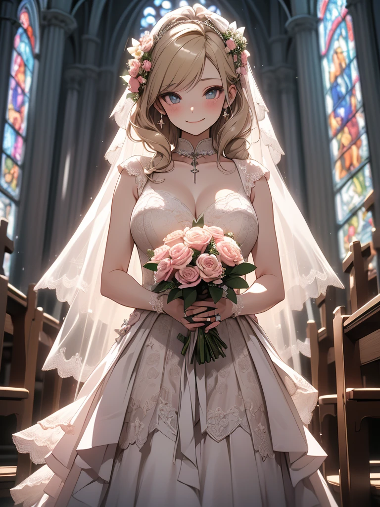 8k,  top quality , The real picture,  complicated details, Very detailed,  super high res,  depth field , ( realistic, realistic),  table top in bed, (Knee up shot ), (( standing pose)), ((( 1 girl))), (((Holding a bouquet in both hands))), (( happy smile )), eye_Chan,  very beautiful in a chair , innocent big eyes,  beautiful breasts , 非常に詳細なeye, ( beautiful breasts ), ((Blonde)), ( short semi-long hair braid one-tail), (Light brown skin),  perfect skin,  small breasts, Tight waist, Alone,  stares at viewers, (((light pink sexy wedding dress))), ((Church Cathedral)), (((Church Cathedralの中に天使の羽が舞っています)))