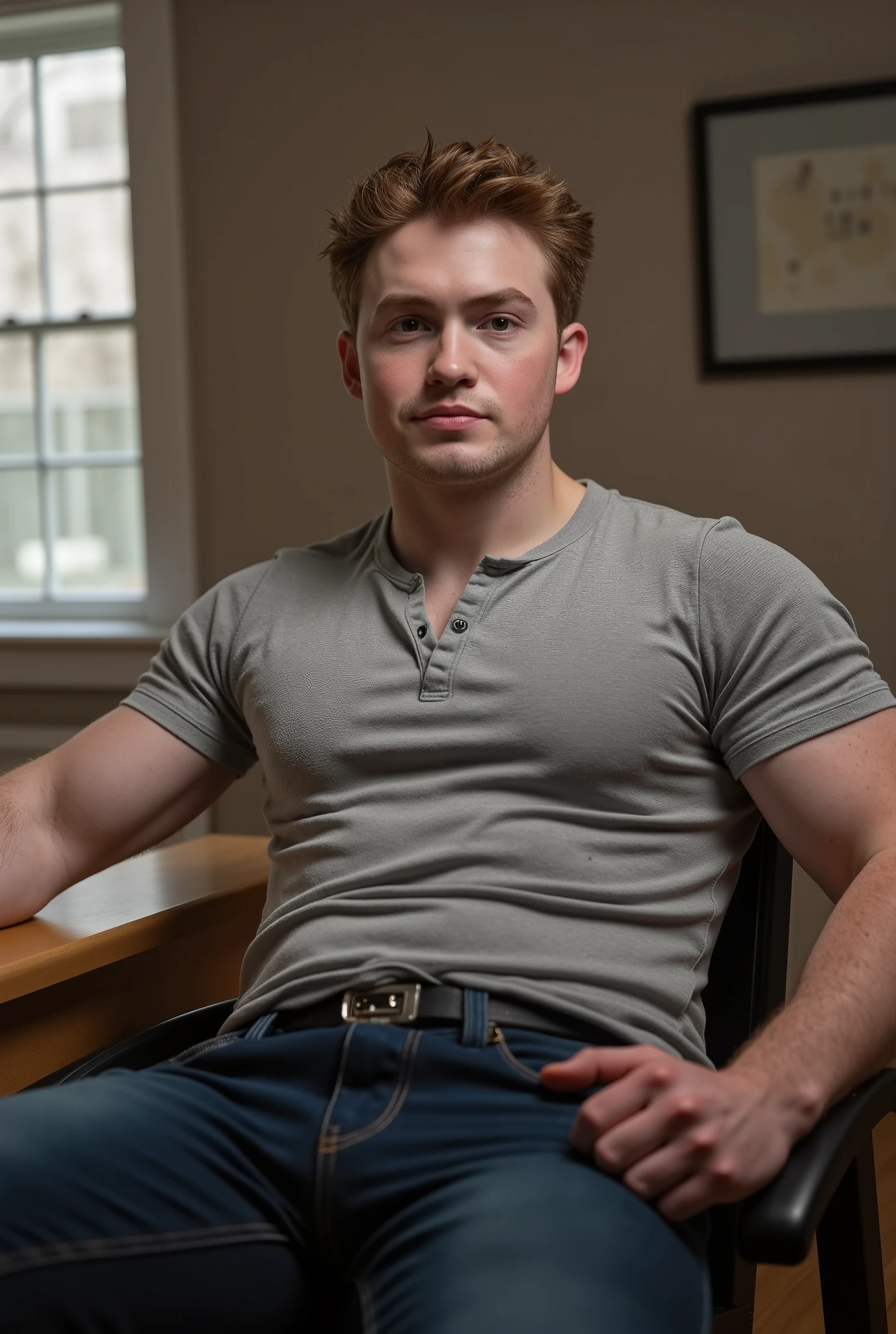 Kit Connor. This image is a high-quality photograph featuring Kit Connor with short, tousled light brown hair, in what appears to be a dorm room. His facial expression is confident, looking at the viewer. He is feeling very horny and it is noticable in how he is looking at the viewer, he wants to have sex now. He is dressed in a fitted, black short-sleeve Henley shirt with a small, subtle texture. He is wearing fitted denim jeans with a black belt and silver buckle, that are tight around his crotch area, showcasing his rather large bulge. He is leaning back on a desk, smirking at the viewer. Almost flirtatiously.