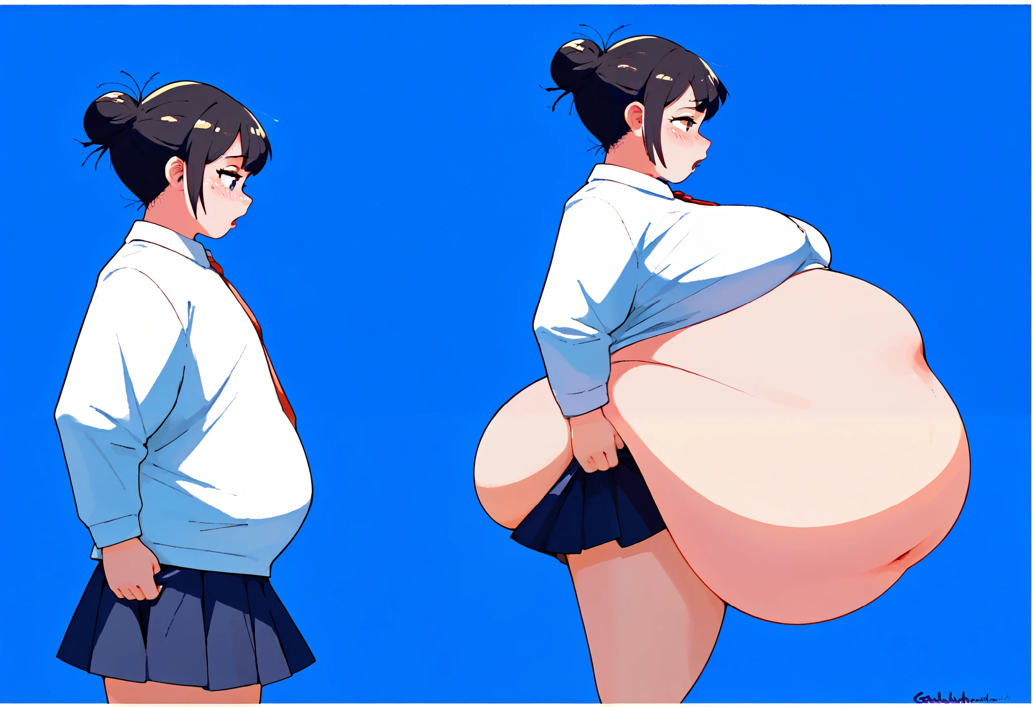 score_9, score_8_up, score_7_up, 1girl, ,(()) indoors, bedroom, black hair, hair bun, ((disgusted emotions)) school uniform, sweater, pleated skirt, (), (safe for work), (covered breasts), (spherical-inflation), (2 girls)