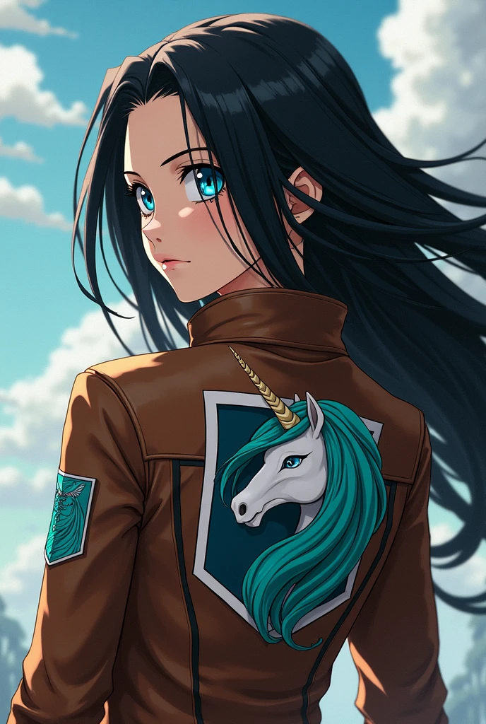 female, Brown leather jacket with a turquoise unicorn head on a white crest on the back,  black hair ,  blue eyes  (anime Attack on Titan art style)
