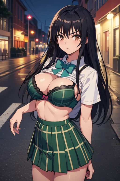 ((bra lift)),masterpiece,  top quality , defYui,  white shirt, Short sleeve,  green bow tie,   plaid miniskirt to make up for embarrassment,  Big Breasts ,  outdoors on the street at night, cityscape,  blue sky, Irritation,  Watch viewers,  cowboy shot,  head tilt 