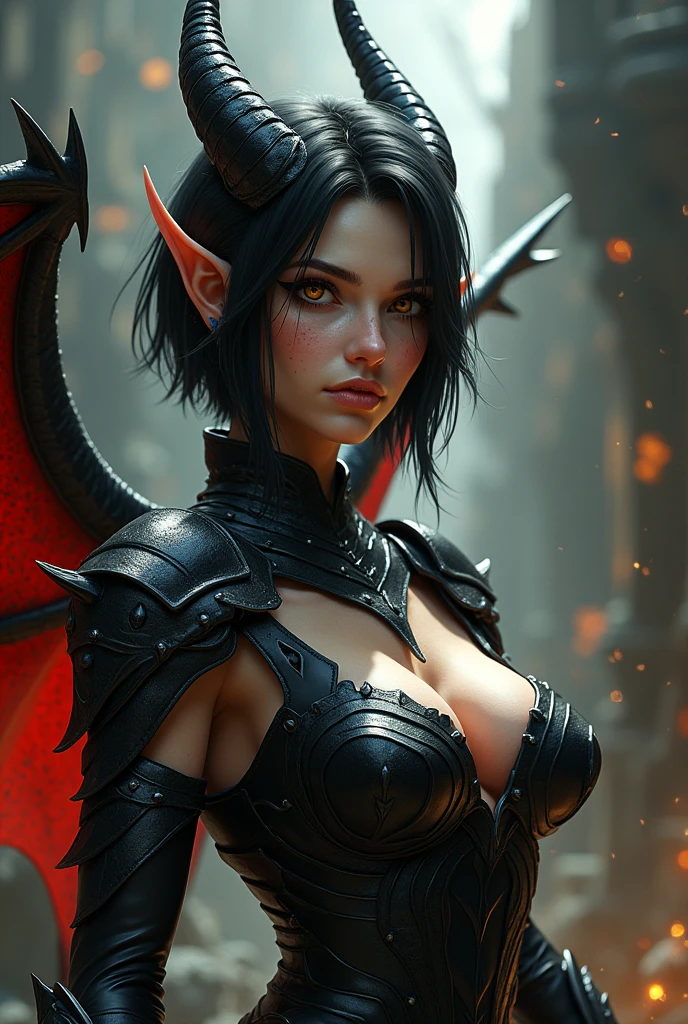(dark theme:0.9), medieval upper body portrait of a woman sharp features, pointy ears, black hair, blue eyes, person, ponytail, dark skin, clevage, huge breasts, red lipstick, earrings, grim, cold stare, dark colors, Volumetric lighting, baroque oil painting by Greg Rutkowski, Artgerm, WLOP, Alphonse Mucha dynamic lighting hyperdetailed intricately detailed, (hdr:1.22), muted colors, complex background, hyperrealism, hyperdetailed, amandine van ray