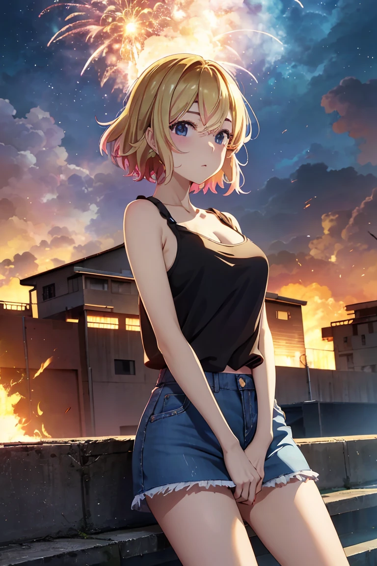 masterpiece, Highest quality anime illustrations, Super detailed,ultra high resolution、perfect lighting single girls, alone, Blonde、medium hair, anime , view at viewer,  cleavage、 show me your butt 、 black tank top seen above、sexy short denim skirt、Black panties、panties pull、at night、 fence、Explosion and Flames 、 Explosion Military Base in Flames、Building on fire