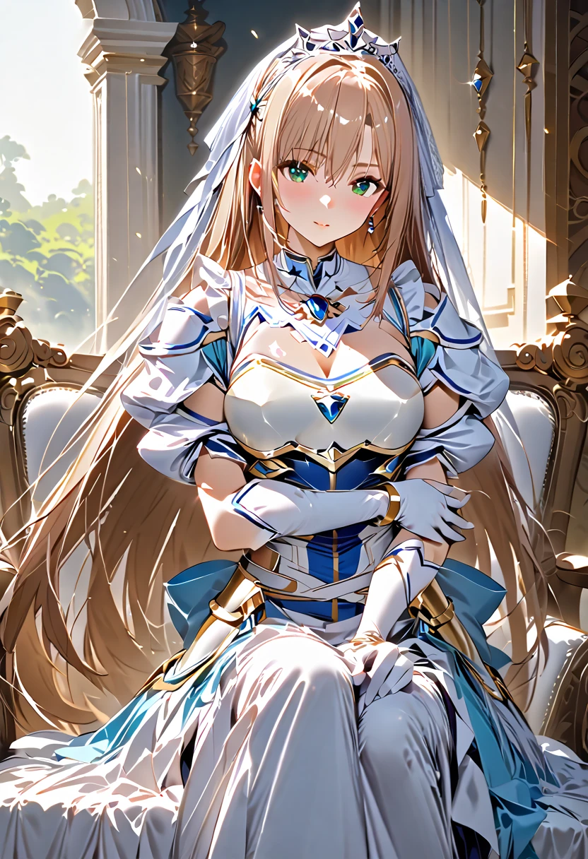 ((masterpiece)),  top quality ,  very detailed,( One Girl ), Asuna \(Star\),  dress,  gloves, gem,  clevis on a stone,  princess,elbow  gloves, tiara ,brooch,white  gloves、 ADULT WOMEN 、thin、 very beautiful in a chair 、 beautiful face、 maid skirt、(((  blue and white armor that you want to be hugged right away 、breastplate、Shiny Armor:1.2)))、 holding a bow、 gold earrings、White Hair,  green eyes,  pink lips、 full body