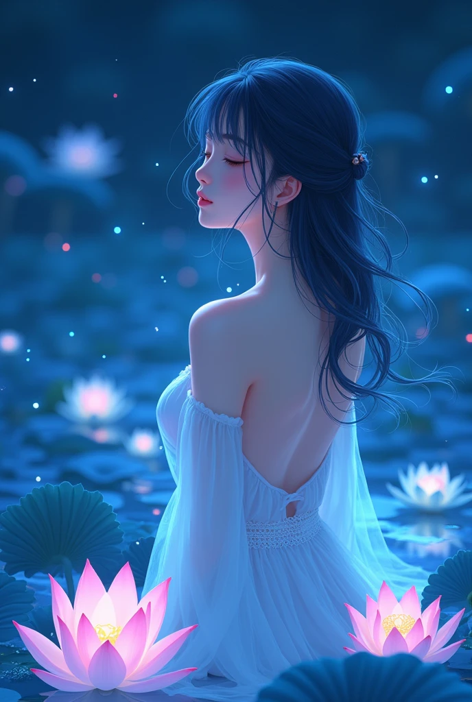 Her delicate appearance in the anime is a work of art, Eyelids closed, Body facing this way, The blue night enveloped her,  Every line and curve is engraved with fine detail. This woman is an exquisite drawing of light and shadow, color, Body Glow, Surrounded by beautiful lotus flowers, flash, Fluorescent particles, Backlight,   8K,  anime style , 
