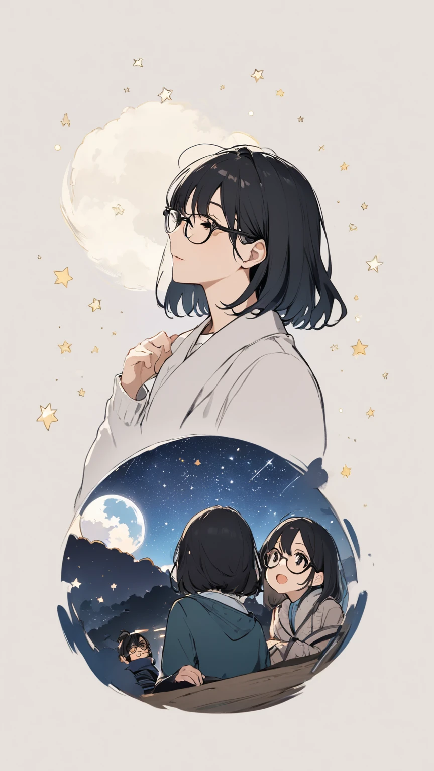 Black hair, glasses, stargazing
