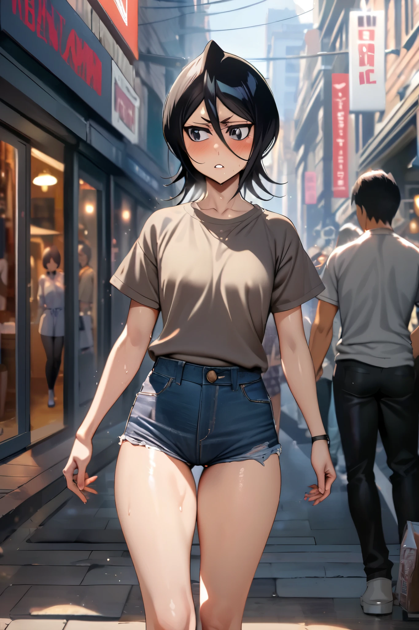 NSFW,masterpiece, top quality , high definition , very detailed, Kuchiki Rukia \(BLEACH\), short hair, black hair、 hair between eyes, Casual , Denim Shorts,bustling street,blush