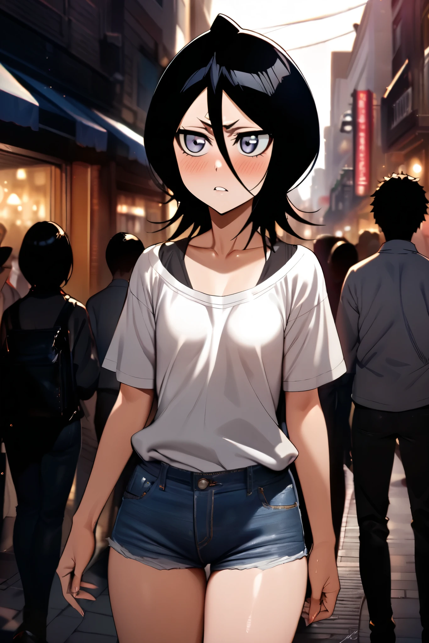 NSFW,masterpiece, top quality , high definition , very detailed, Kuchiki Rukia \(BLEACH\), short hair, black hair、 hair between eyes, Casual , Denim Shorts,bustling street,blush