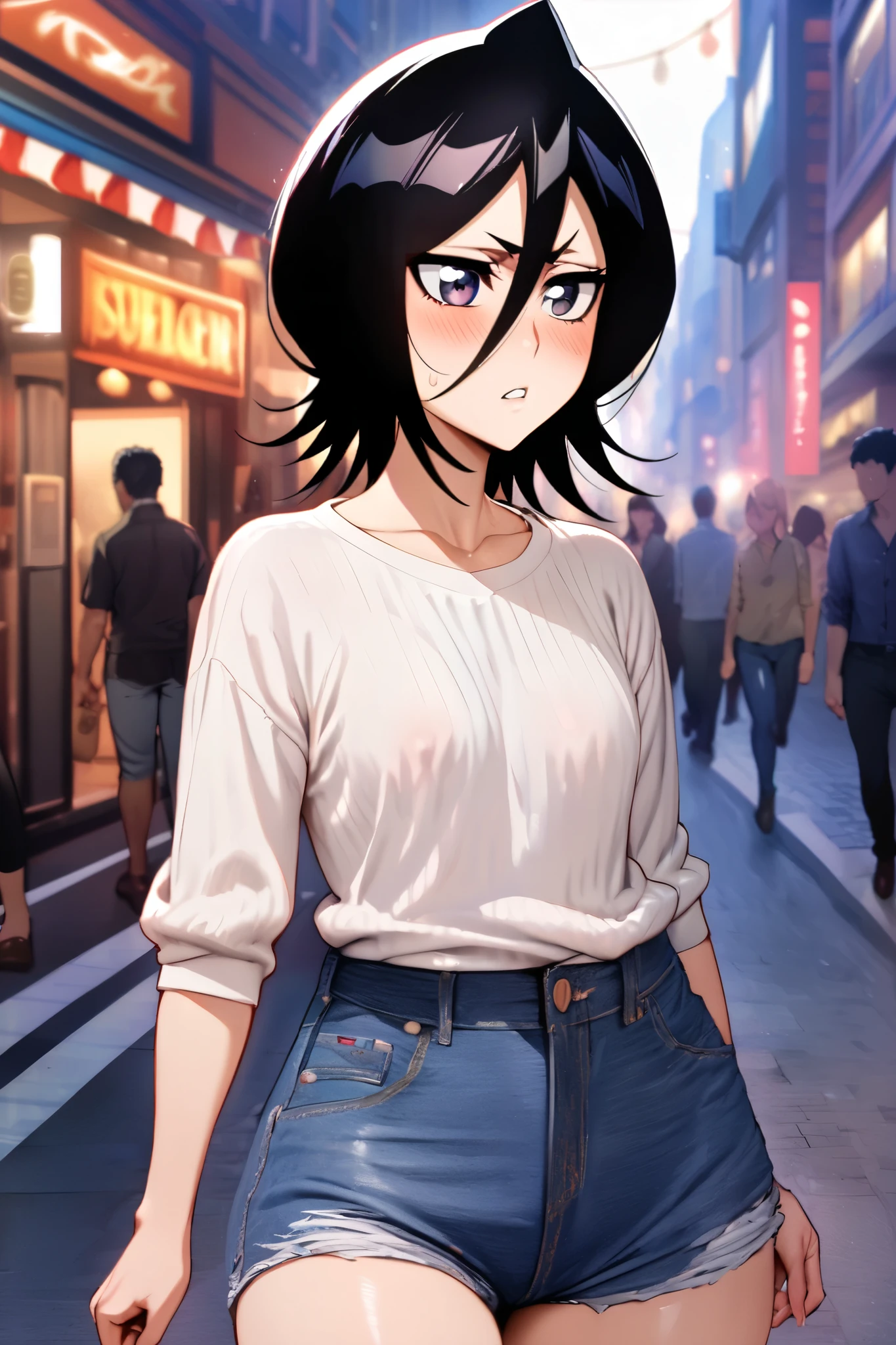 NSFW,masterpiece, top quality , high definition , very detailed, Kuchiki Rukia \(BLEACH\), short hair, black hair、 hair between eyes, Casual , Denim Shorts,bustling street,blush