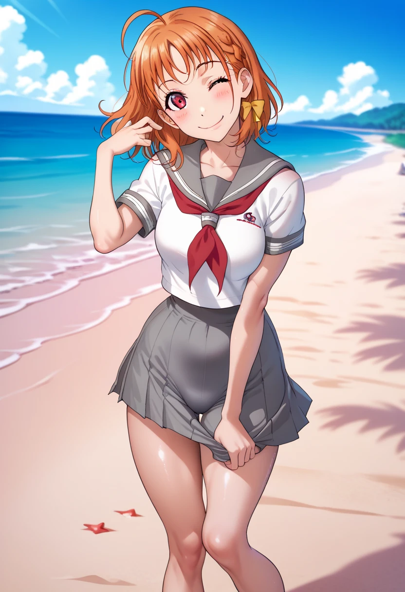 1girl, takami chika, medium hair, orange hair, standing, sporty athletic build, sharp lines, vibrant colors, breasts outlines, sexualized, RUKIA Style, shiny skin, ahoge, blush, braid, grey sailor collar, grey skirt, skirt around thighs,looking at viewer, competition swimsuit under clothes, red eyes, red neckerchief, sailor collar, serafuku, shirt, short sleeves, side braid, smile, solo, split mouth, summer uniform, uranohoshi school uniform, white shirt, yellow bow, standing on beach, playful pose, light breeze, flowing hair,  beach setting, too lifting, undressing,one eye closed