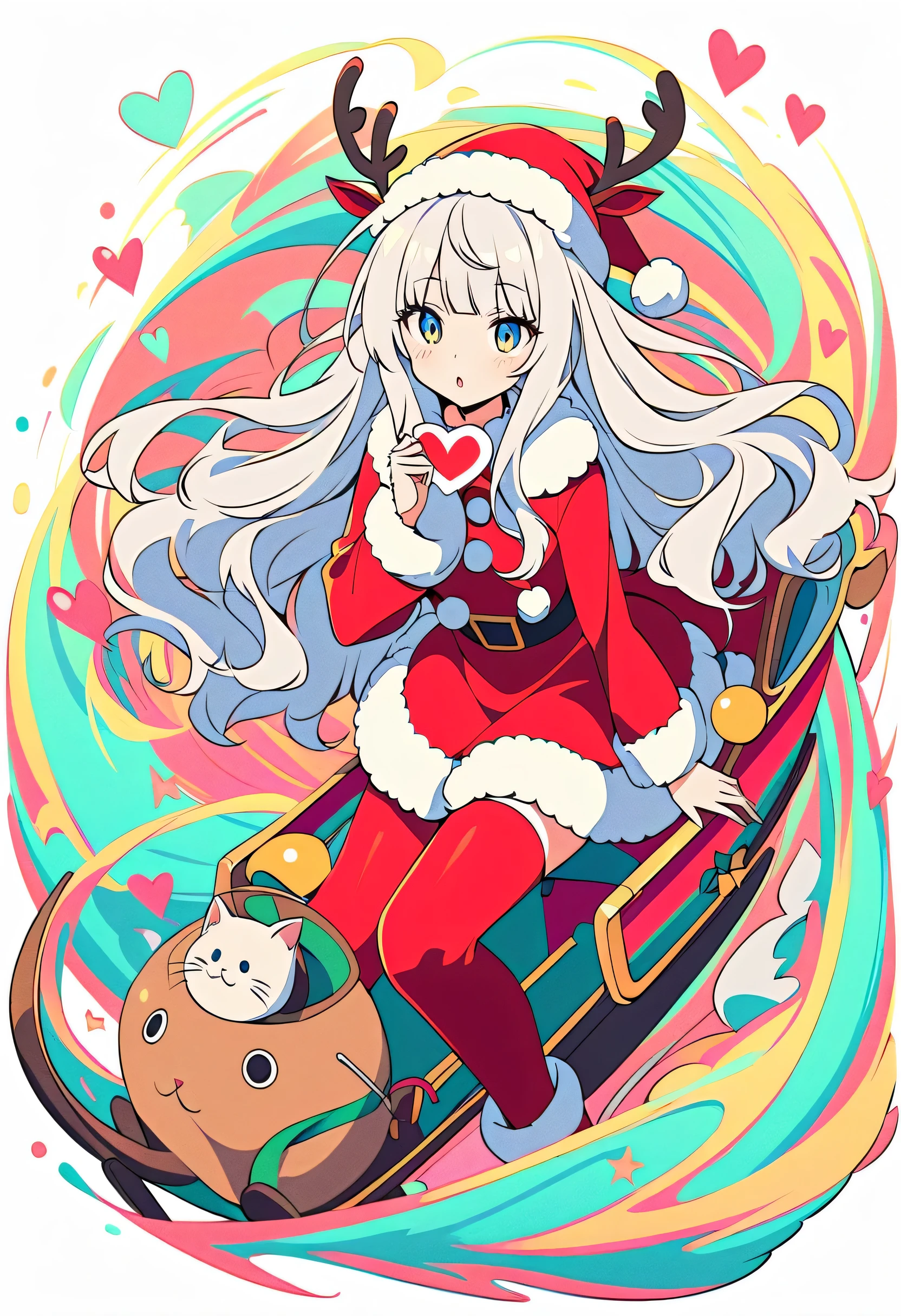 whole body、、、sleep、sleep、lie、 lies down、to ridicule、 Girl Wearing Santa Cosplay、 Christmas、Flying Sleigh and Reindeer 、 Anime Santa Girl Design , Heart Sign, long hair、Santa Suit,, Love Style, Full Design, Only 18 colors, black and white, No Shadow, Full Design, stickers, bright color, White background. Super Detailed Illustration ,((( beautiful ))),((( beautiful )),((( beautiful background))),((( beautiful ))),((( beautiful cat))),((( beautiful background))),Midsummer、Shore of Waves 、 straight bangs、squint, Pop Art Style