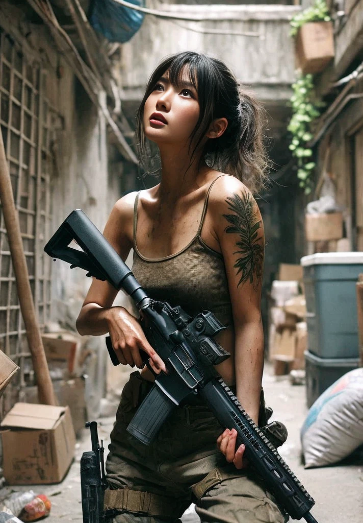 
8k,Realistic Photo、Realistic Skin Texture、Superrealism、Japanese women in the U.S. military、Searching for something in a mysterious abandoned factory、The concrete floor is cracked and wet.、Abandoned machinery is rusting and decaying.、Tattoo