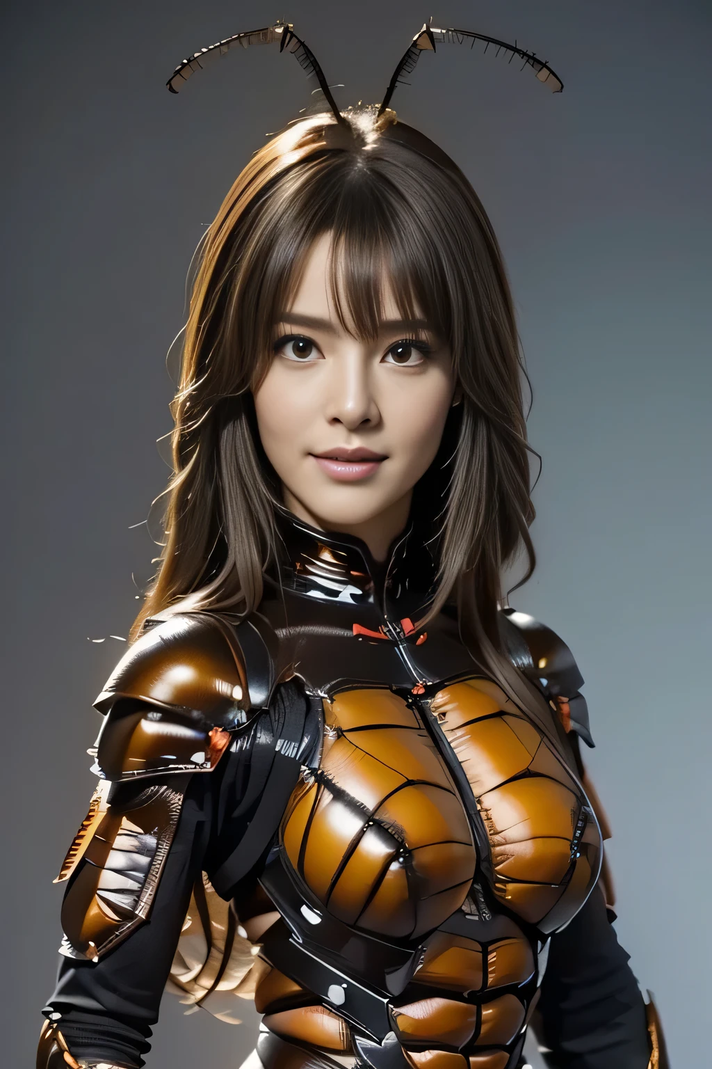 (high resolution,masterpiece,best quality,extremely detailed CG, anime, official art:1.4), realistic, photo, amazing fine details, all intricate, gloss and shiny,awesome many layers, 8k wall paper, 3d, sketch, kawaii, illustration,( solo:1.4), perfect female proportion,villainess, (fusion of dark brown cockroach and lady:1.4), (brown cockroach form lady:1.2), (brown cockroach lady:1.2), (fusion:1.2), (solo:1.4), (evil smile:1.2), muscular, abs, (cockroach brown exoskeleton bio insect suit:1.4), (cockroach brown exoskeleton bio insect armor:1.2), (brown transparency cockroach wing:1.4), (brown cockroach antennae:1.3),