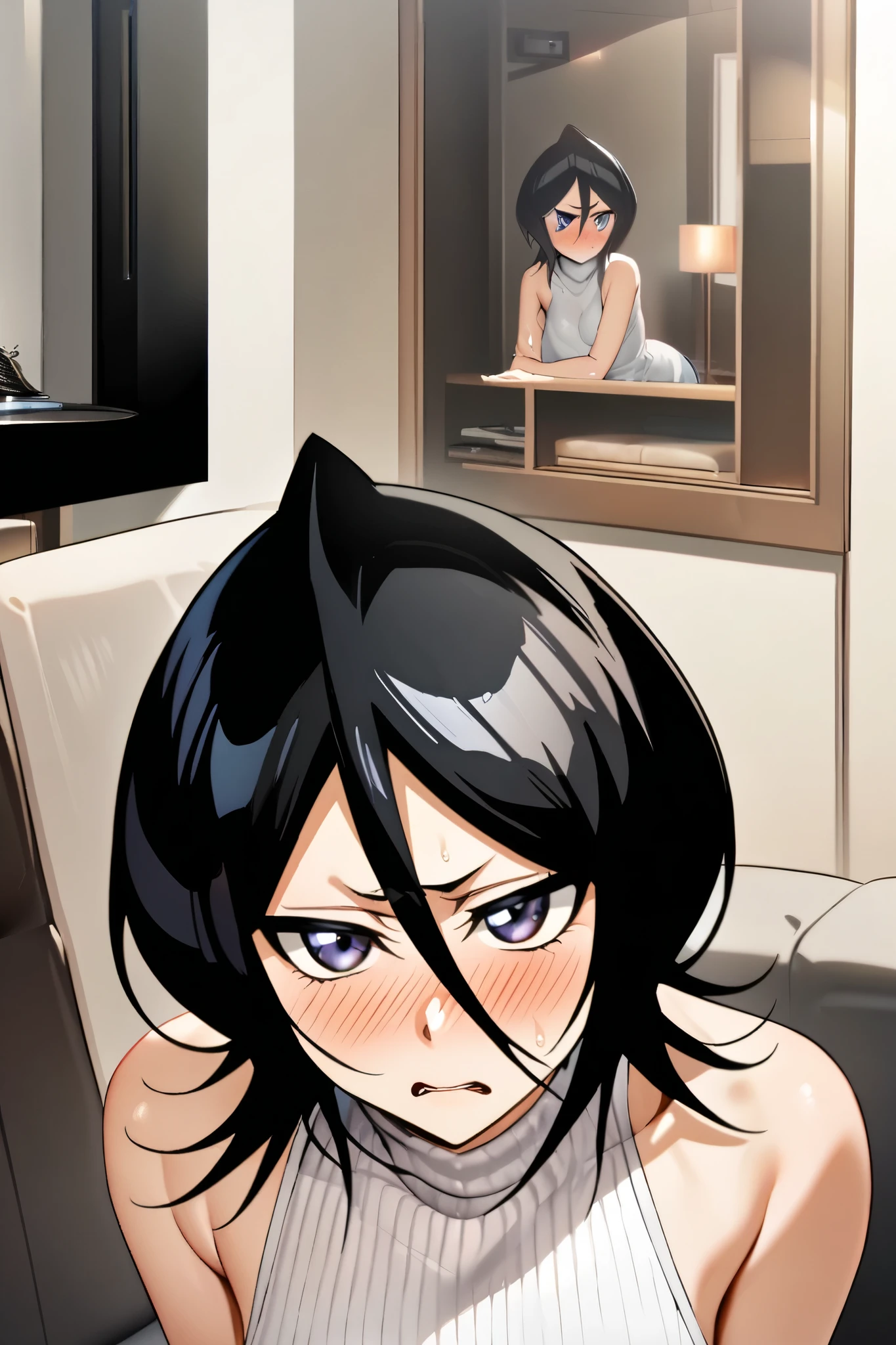 NSFW,masterpiece, top quality , high definition , very detailed, Kuchiki Rukia \(BLEACH\), short hair, black hair、 hair between eyes, white turtleneck sweater , sleeveless,Married Woman, living room,Sofa,Embarrassed,blush