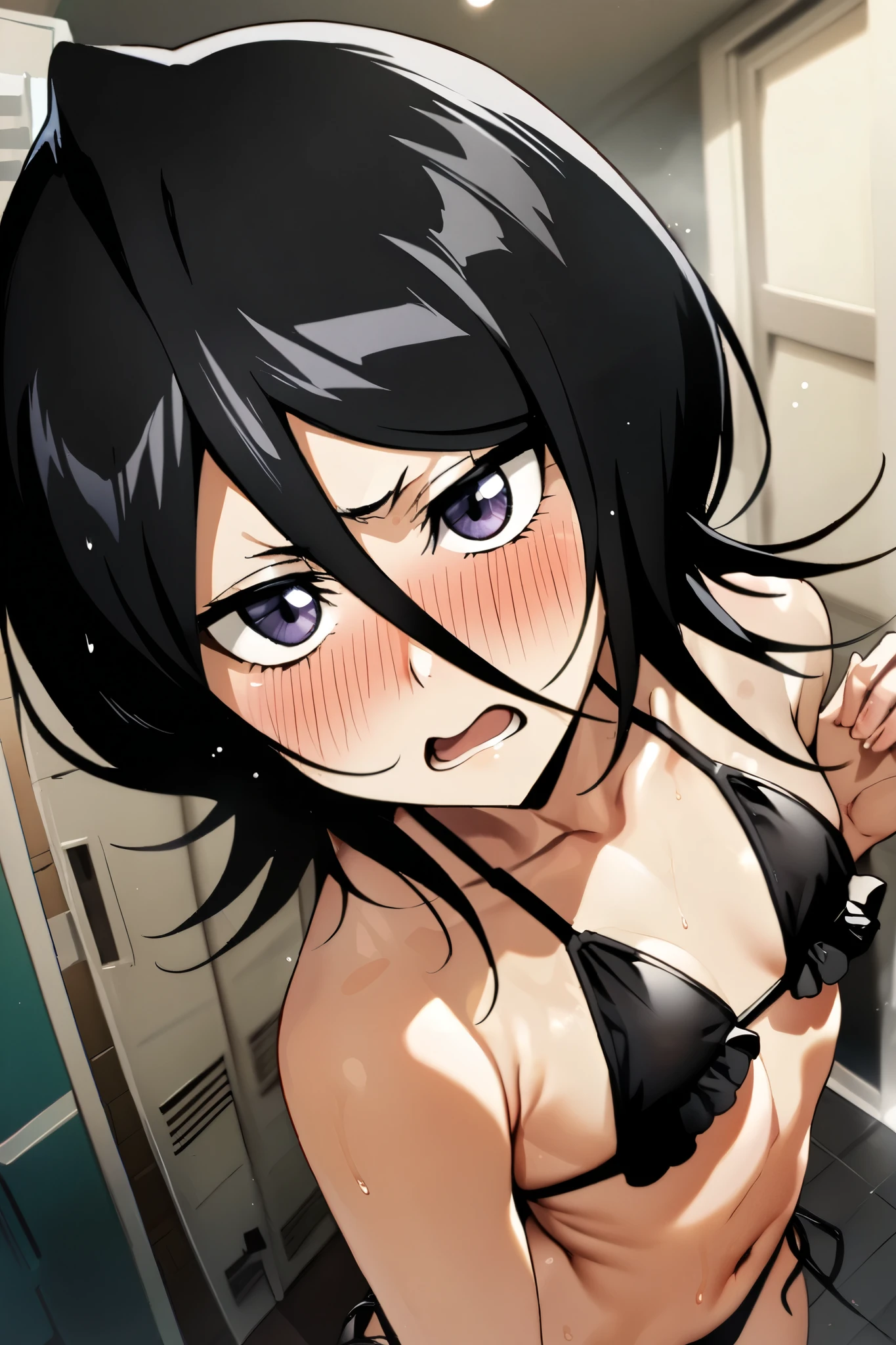NSFW,masterpiece, top quality , high definition , very detailed, Kuchiki Rukia \(BLEACH\), short hair, black hair、 hair between eyes,Halterneck bikini, frill bikini,locker room,Embarrassed,blush