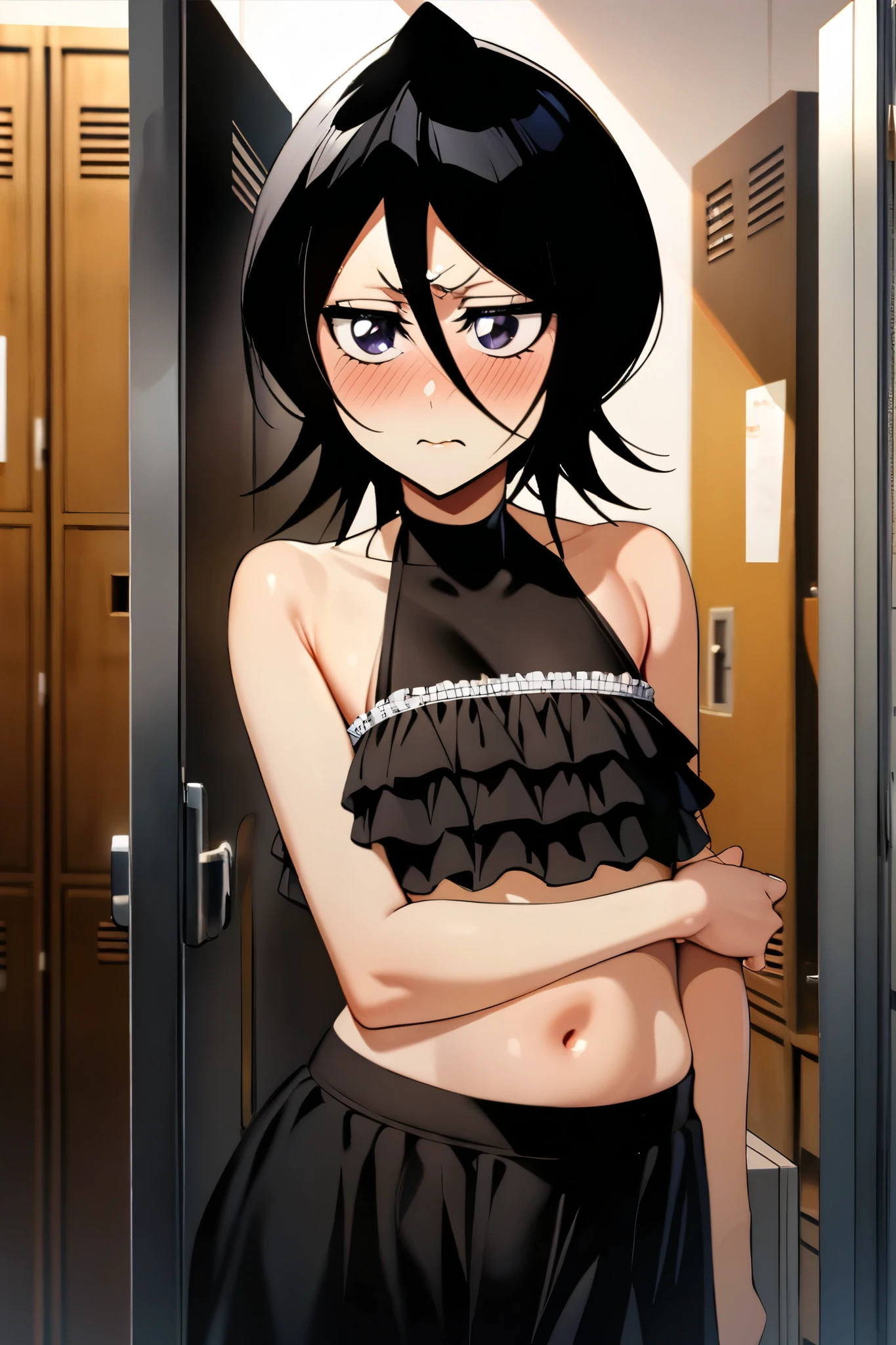 NSFW,masterpiece, top quality , high definition , very detailed, Kuchiki Rukia \(BLEACH\), short hair, black hair、 hair between eyes,Halterneck bikini, frill bikini,locker room,Embarrassed,blush