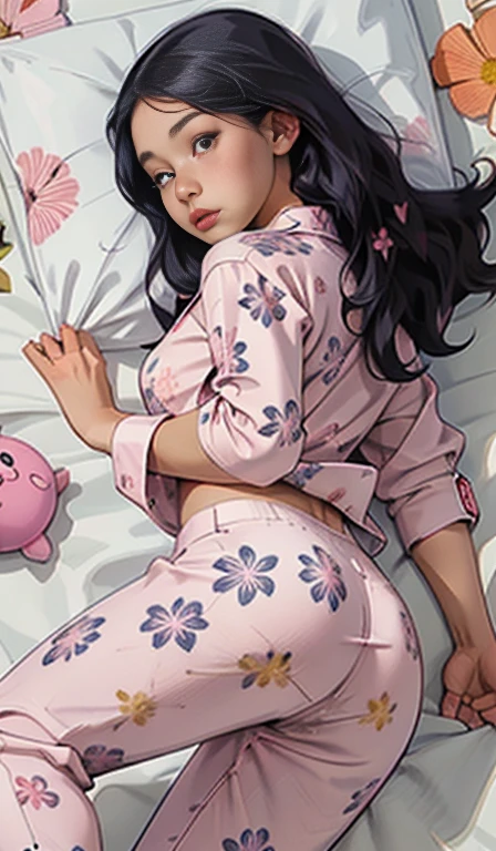 (( masterpiece,  top quality,  high resolution, Highly detailed 8K unified wallpaper )),  beautiful Japanese girl ,  Awesome Japanese girl ,  lying in bed , ( Lying in white sheets ,  He wears an oversized shirt and pajama pants with a pink floral print.:1.5), s, moonlight, Night situation,  bedroom, High brightness light, More details, sleepy eyes, saggy breast,  Big Butt,  visible thighs,  seen from behind, The buttocks are emphasized,  showing her ass,  Lying down (Spreads her legs), prone,  shallow depth of field  