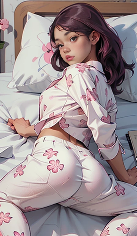 (( masterpiece,  top quality,  high resolution, Highly detailed 8K unified wallpaper )),  beautiful Japanese girl ,  Awesome Japanese girl ,  lying in bed , ( Lying in white sheets ,  He wears an oversized shirt and pajama pants with a pink floral print.:1.5), s, moonlight, Night situation,  bedroom, High brightness light, More details, sleepy eyes, saggy breast,  Big Butt,  visible thighs,  seen from behind, The buttocks are emphasized,  showing her ass,  Lying down (Spreads her legs), prone,  shallow depth of field  